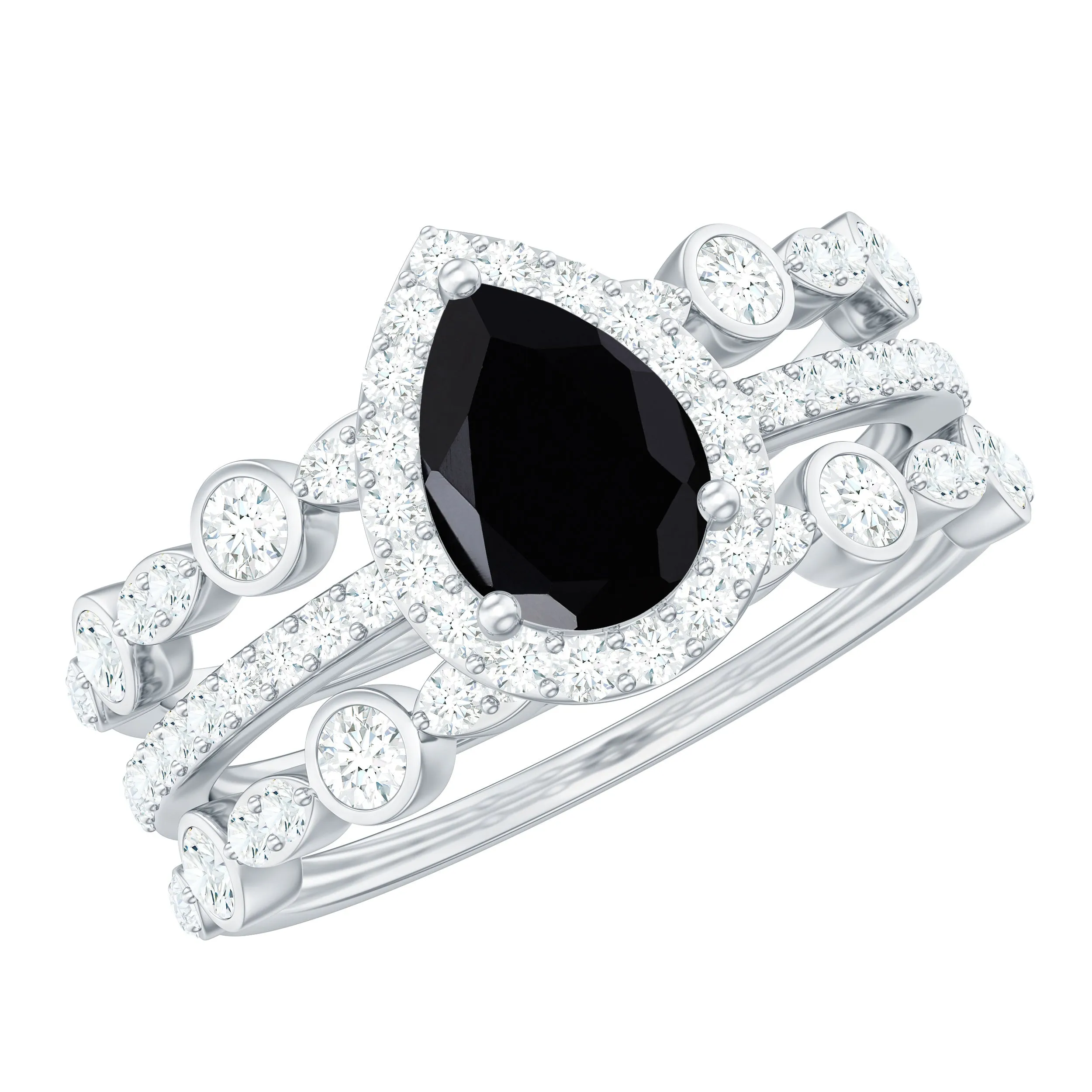 Pear Cut Black Onyx Bridal Trio Ring Set with Moissanite Band