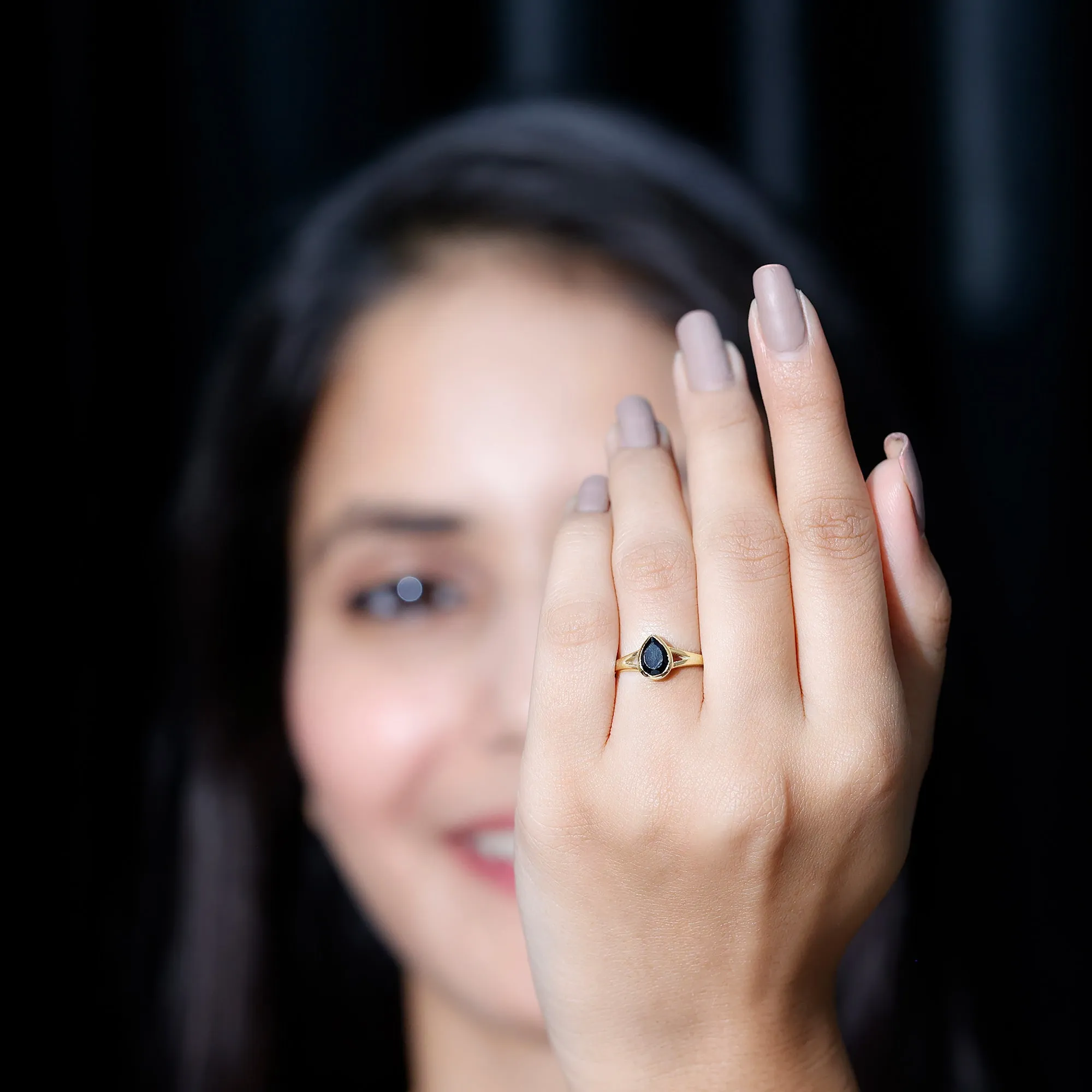 Pear Shape Black Onyx Solitaire Split Shank Ring