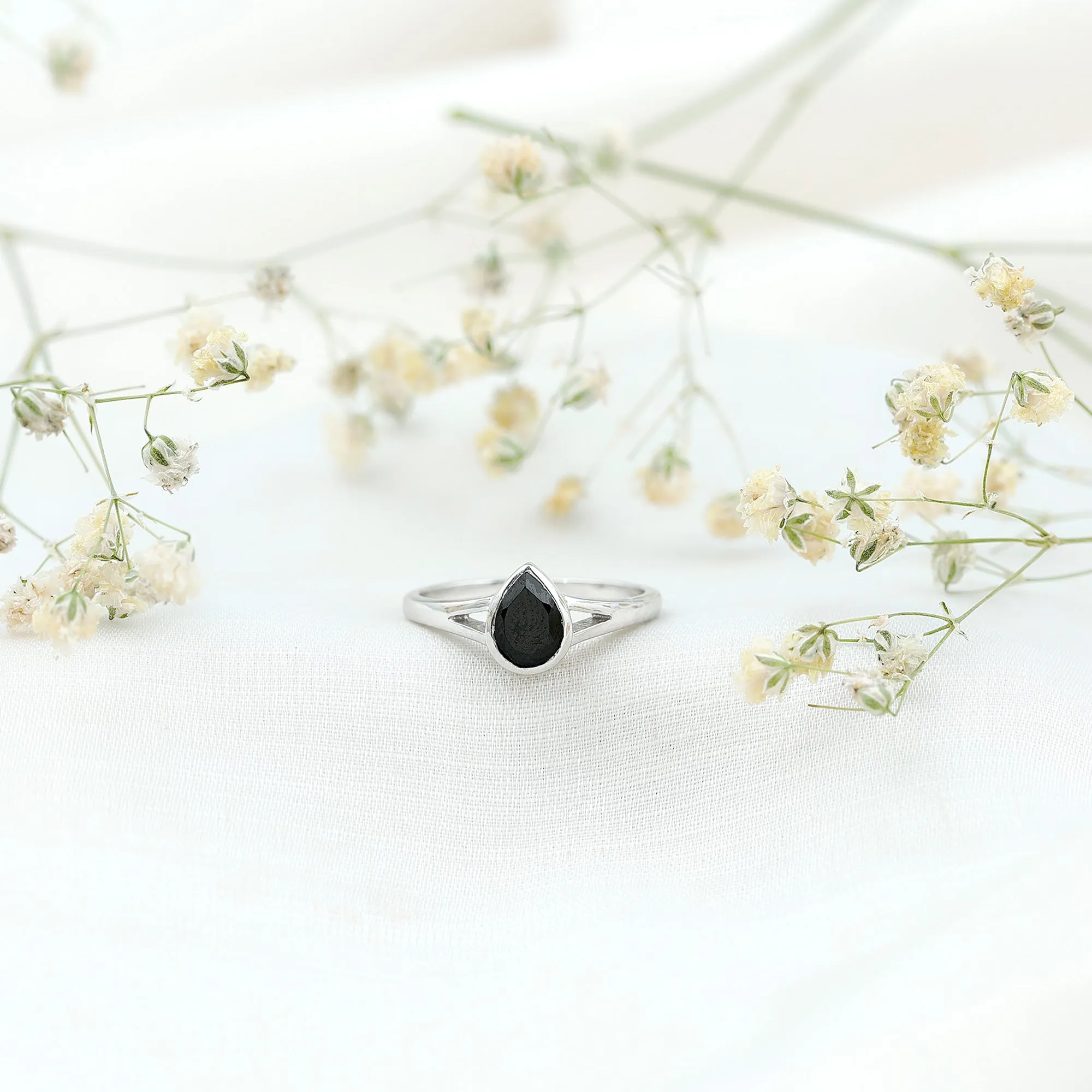 Pear Shape Black Onyx Solitaire Split Shank Ring