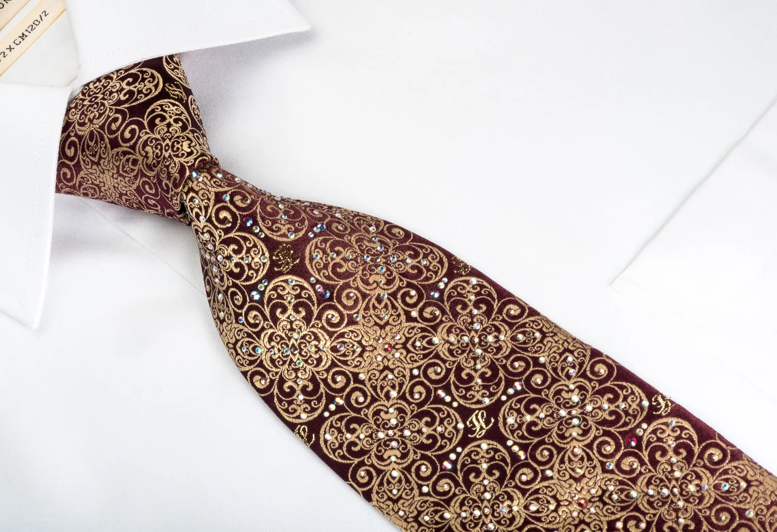 Premierlux Silk Necktie Golden Filigree On Dark Brown Sparkling With Rhinestones