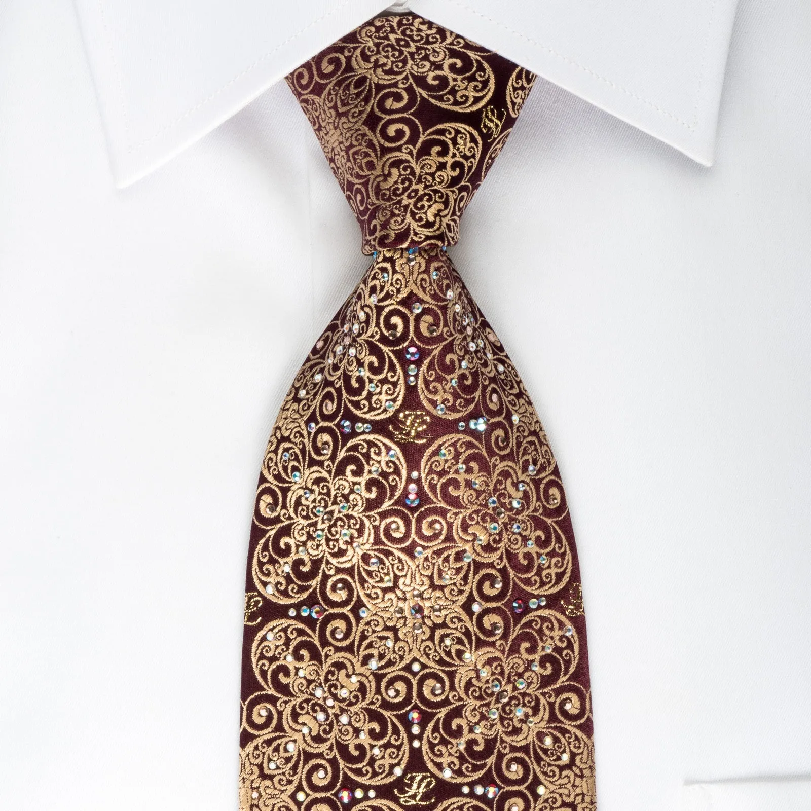 Premierlux Silk Necktie Golden Filigree On Dark Brown Sparkling With Rhinestones