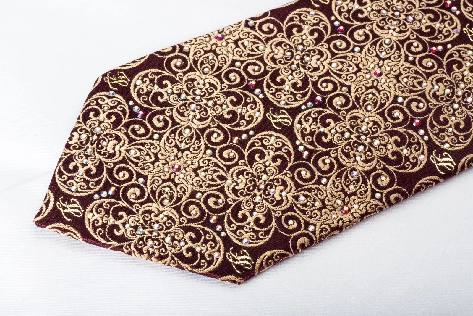 Premierlux Silk Necktie Golden Filigree On Dark Brown Sparkling With Rhinestones