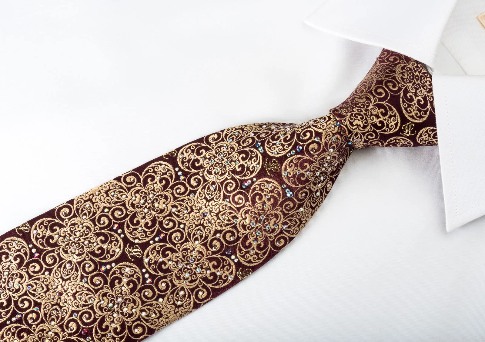 Premierlux Silk Necktie Golden Filigree On Dark Brown Sparkling With Rhinestones