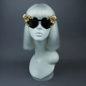 "Doom" Gold & Pearl Skull Black Heart Shaped Sunglasses