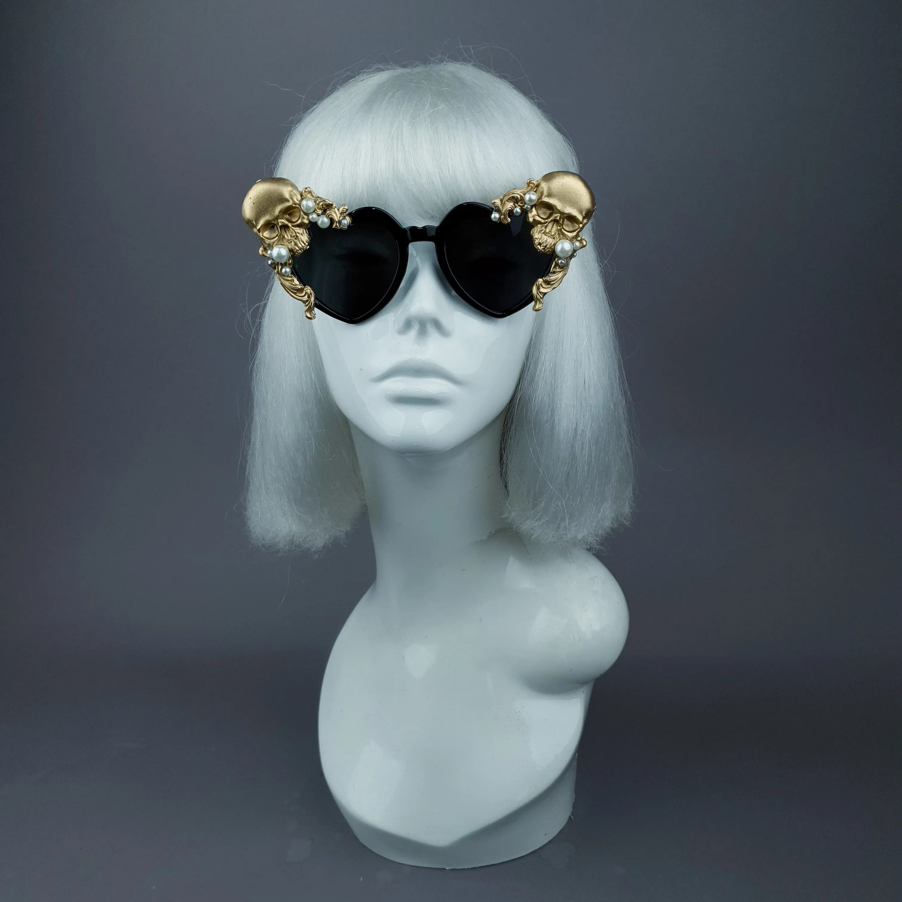 "Doom" Gold & Pearl Skull Black Heart Shaped Sunglasses