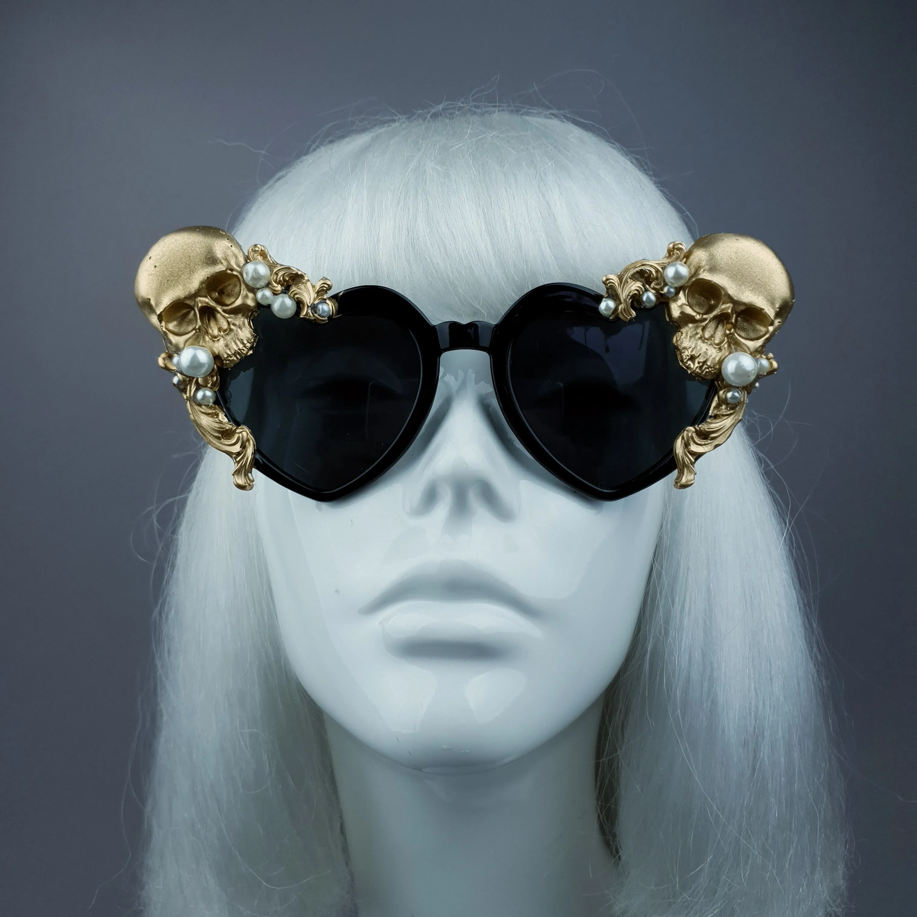 "Doom" Gold & Pearl Skull Black Heart Shaped Sunglasses