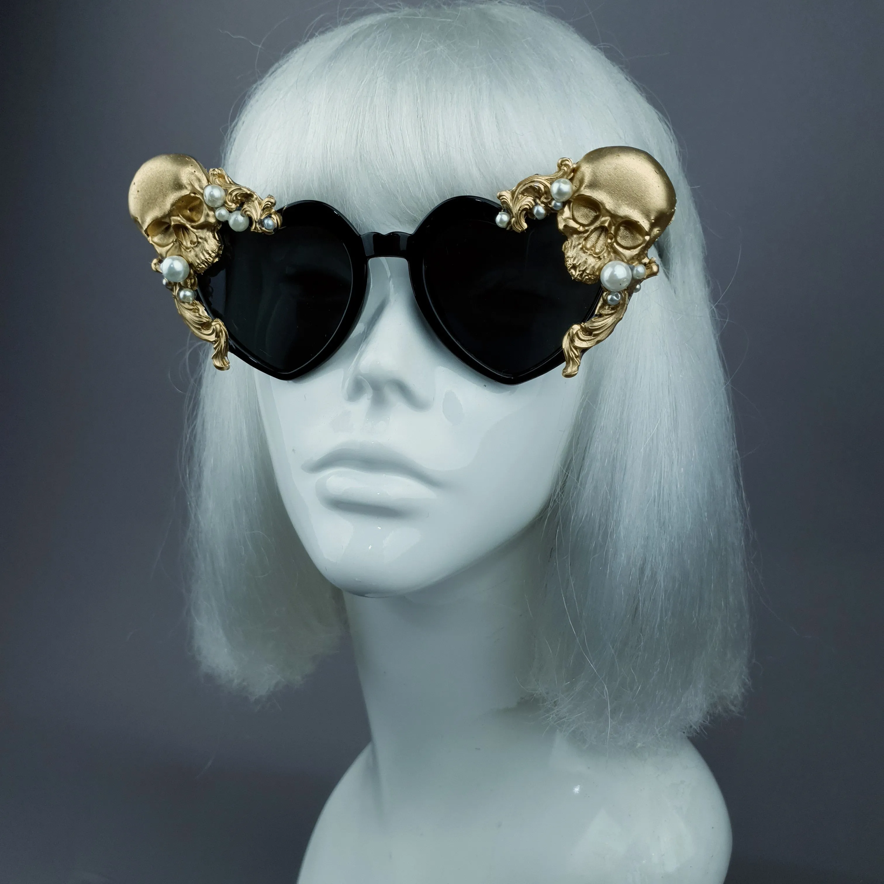 "Doom" Gold & Pearl Skull Black Heart Shaped Sunglasses