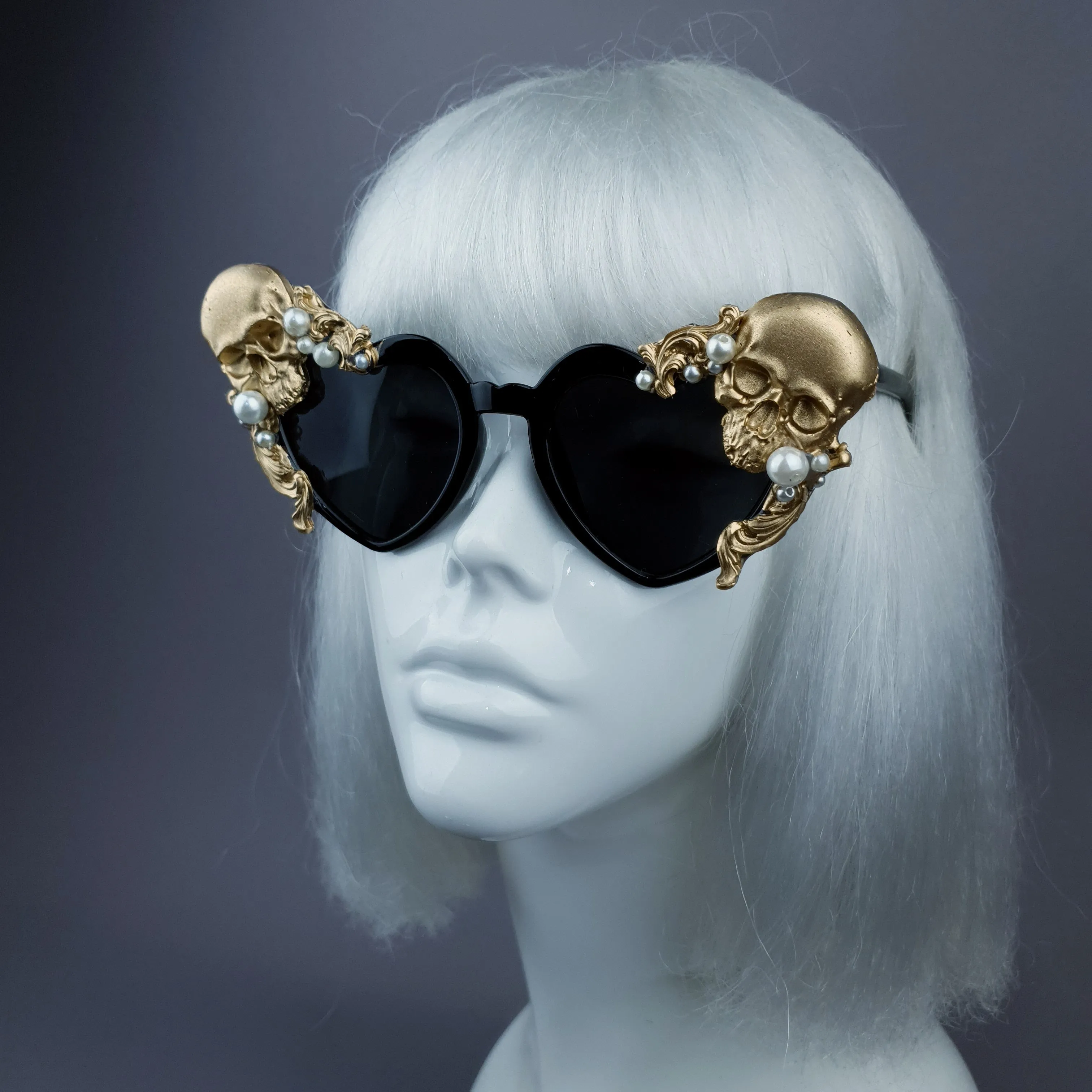 "Doom" Gold & Pearl Skull Black Heart Shaped Sunglasses