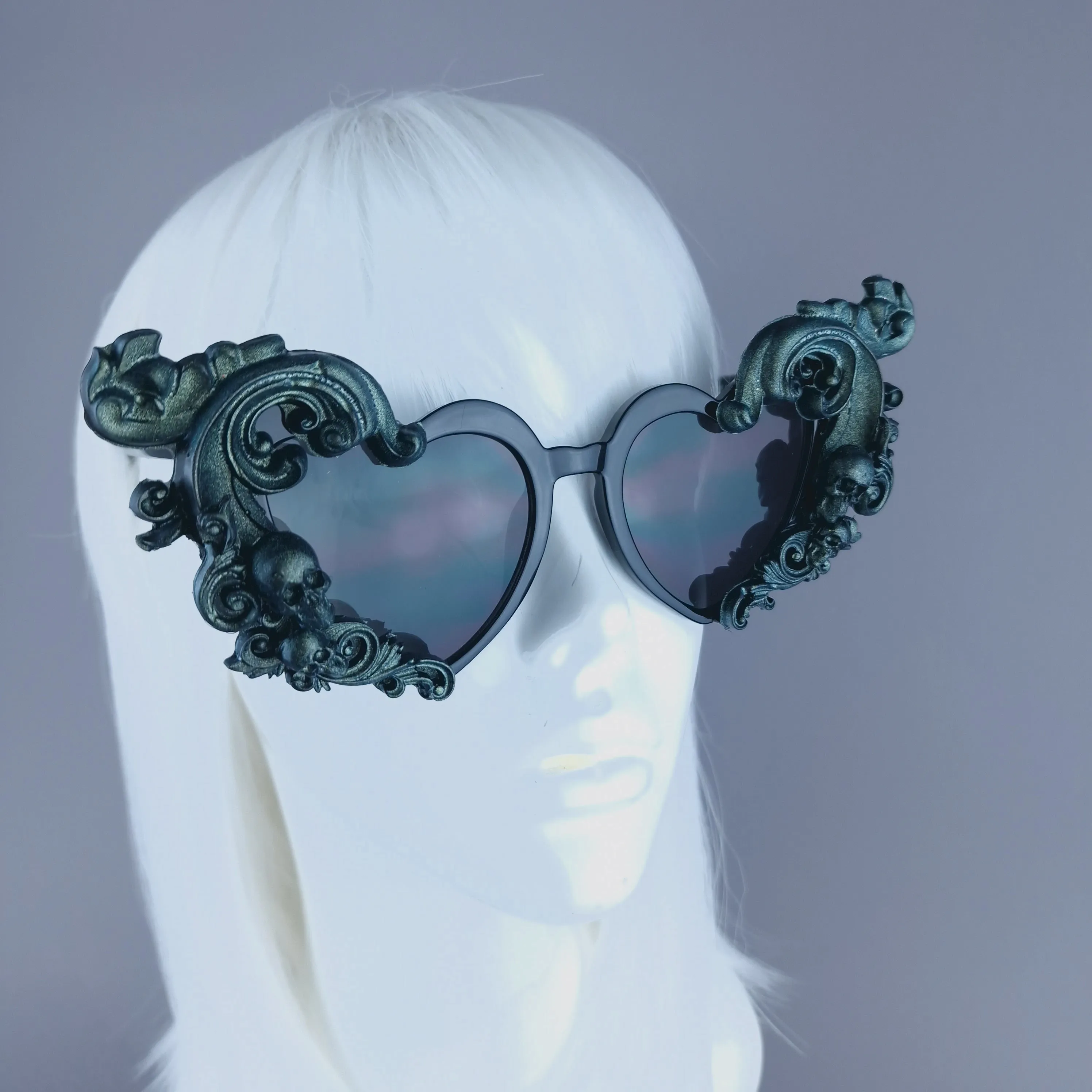 "Jupiter" Teal & Black Filigree Heart Shaped Sunglasses