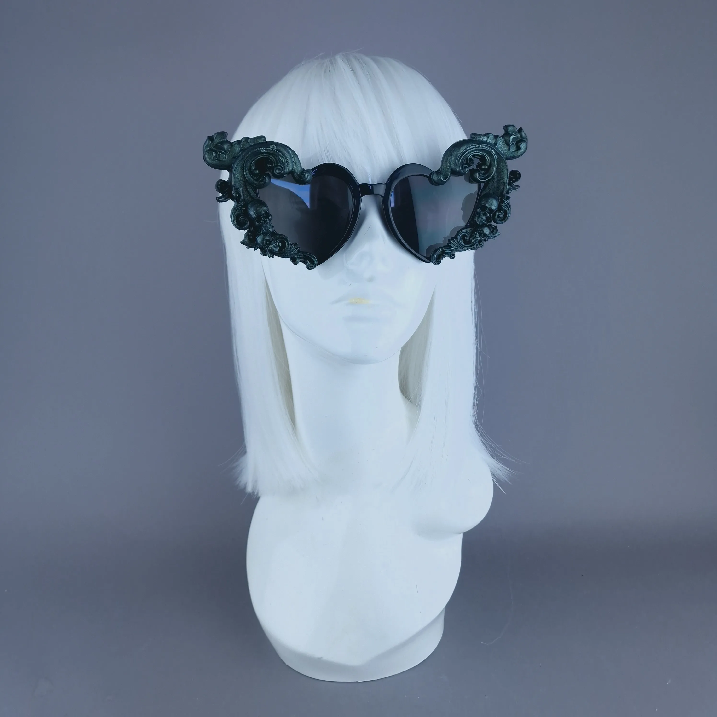 "Jupiter" Teal & Black Filigree Heart Shaped Sunglasses