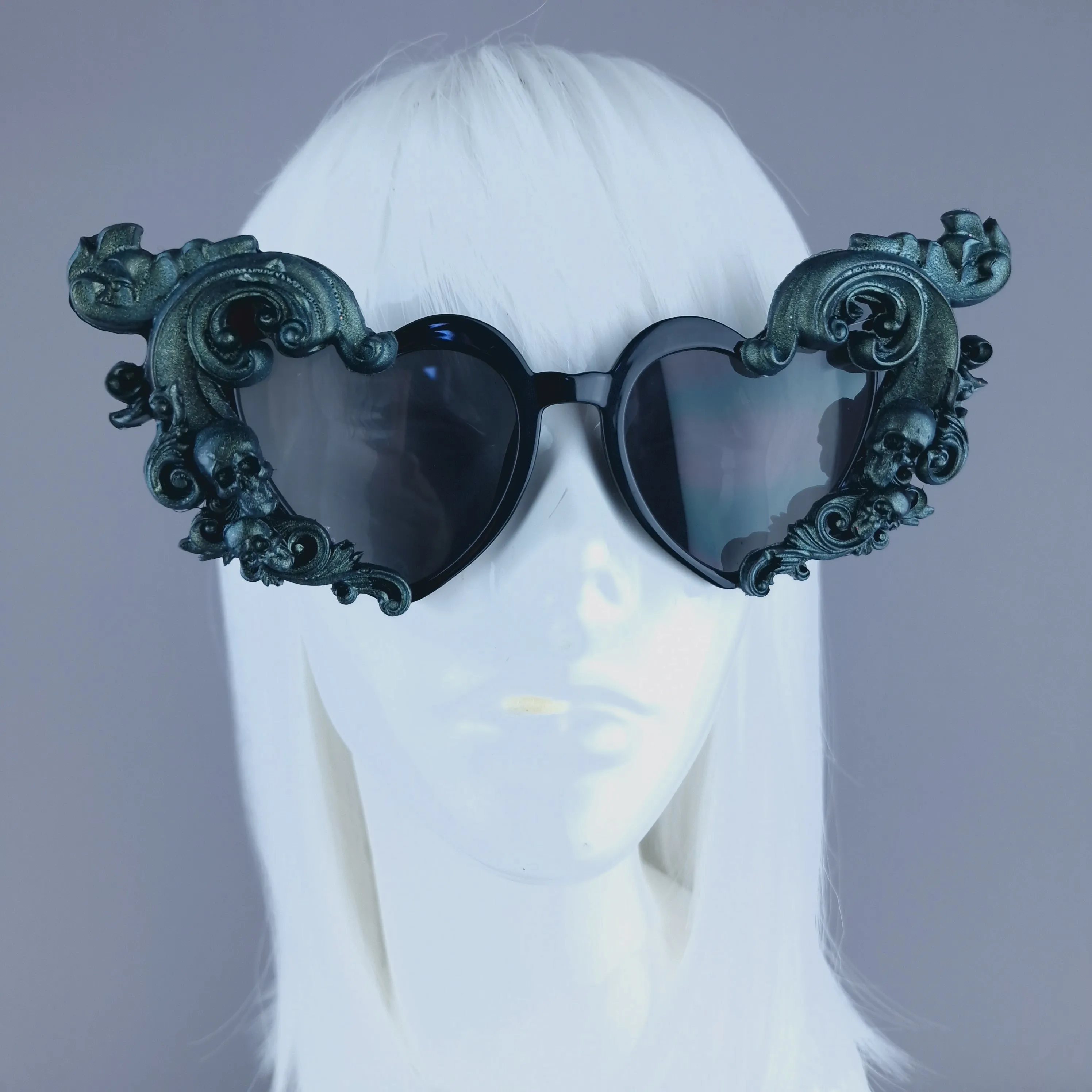 "Jupiter" Teal & Black Filigree Heart Shaped Sunglasses