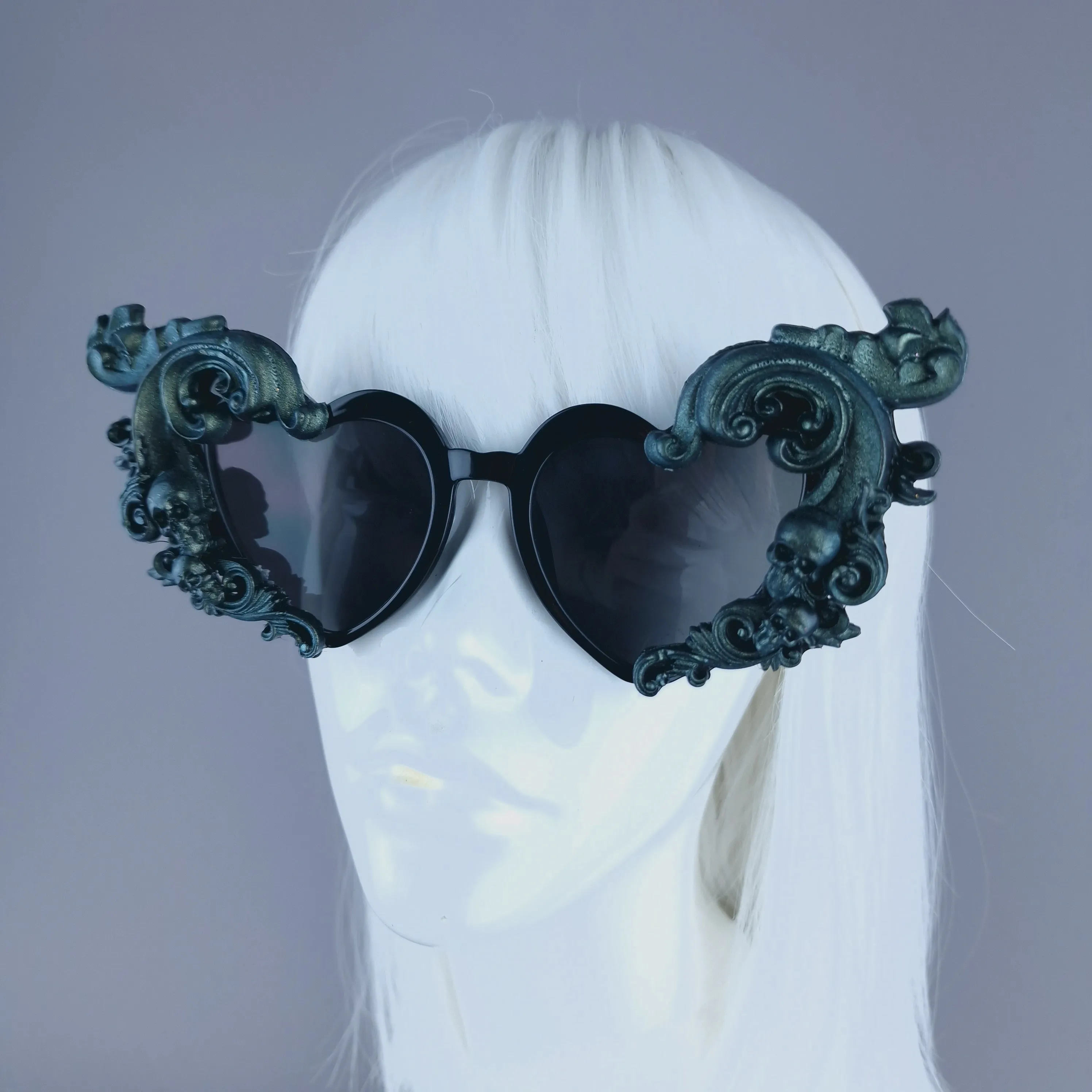 "Jupiter" Teal & Black Filigree Heart Shaped Sunglasses