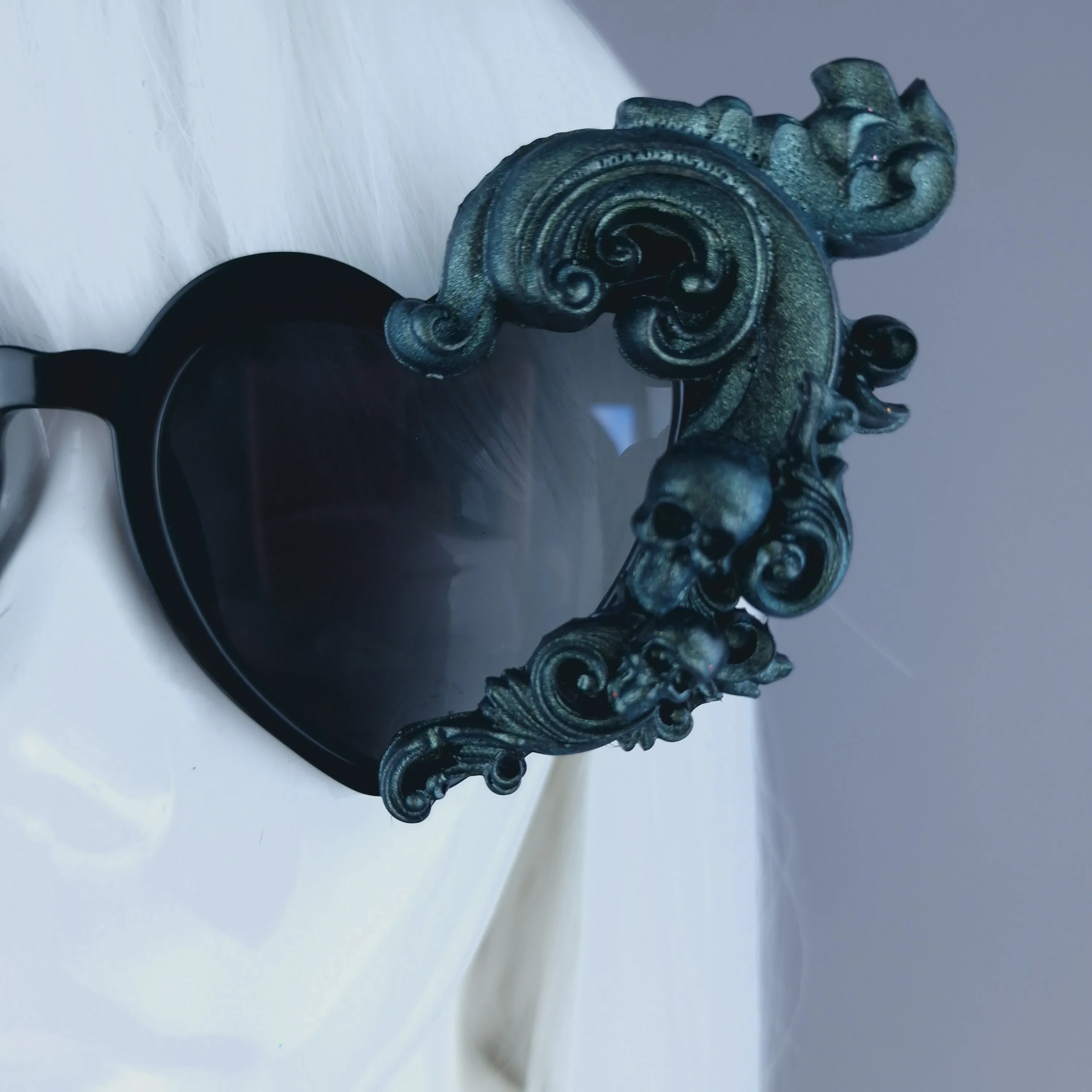 "Jupiter" Teal & Black Filigree Heart Shaped Sunglasses