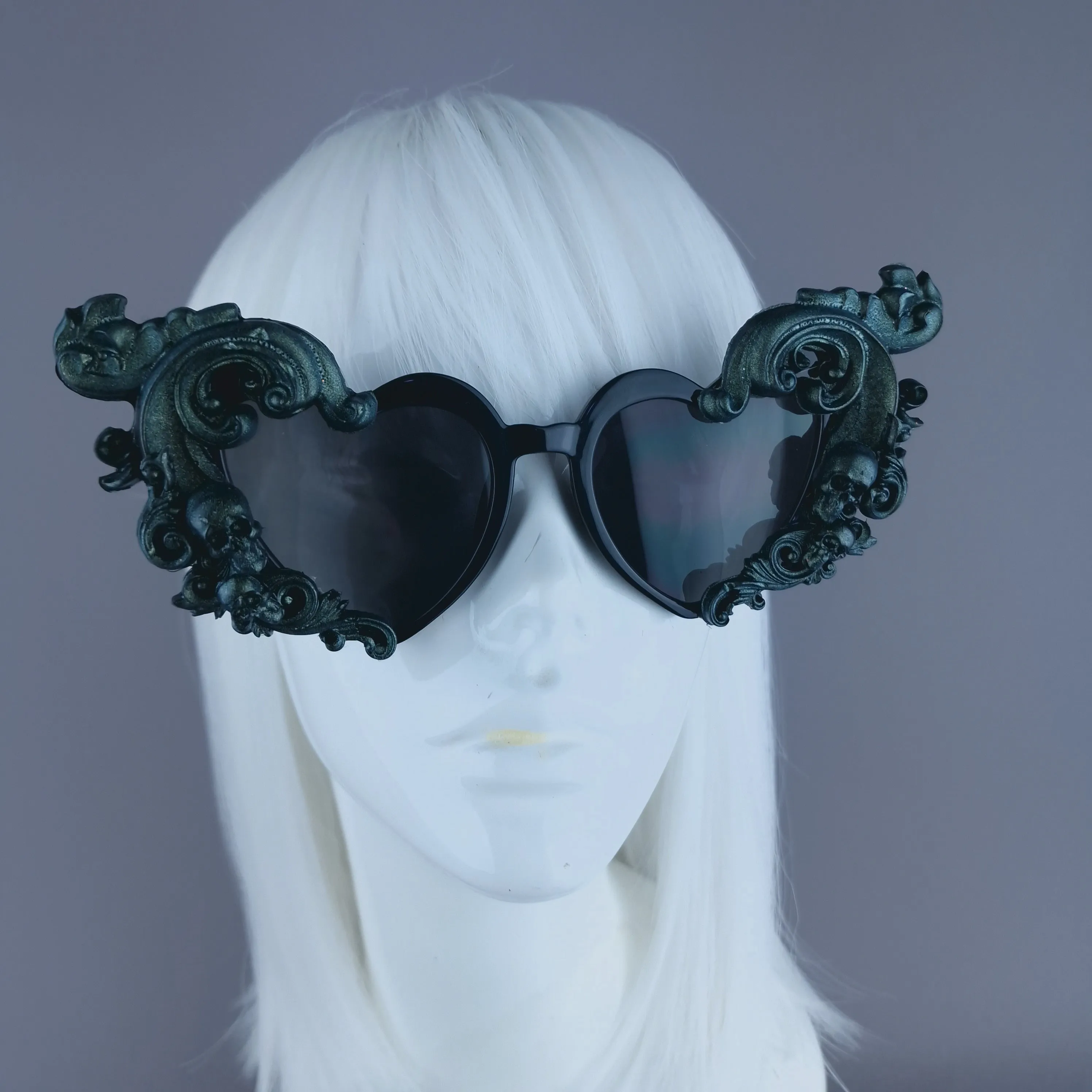 "Jupiter" Teal & Black Filigree Heart Shaped Sunglasses