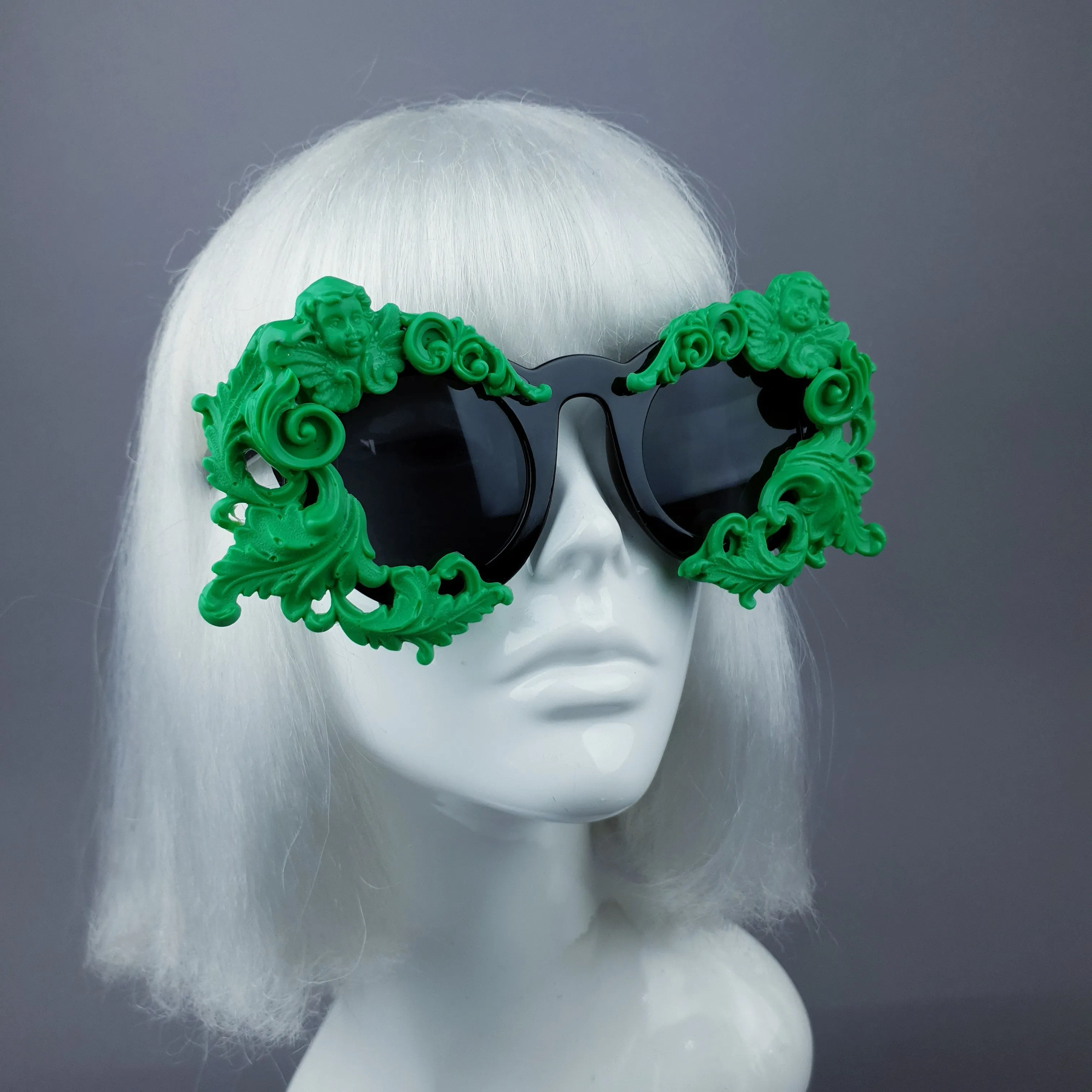 "Venus" Black & Green Filigree & Cherub Baroque Sunglasses