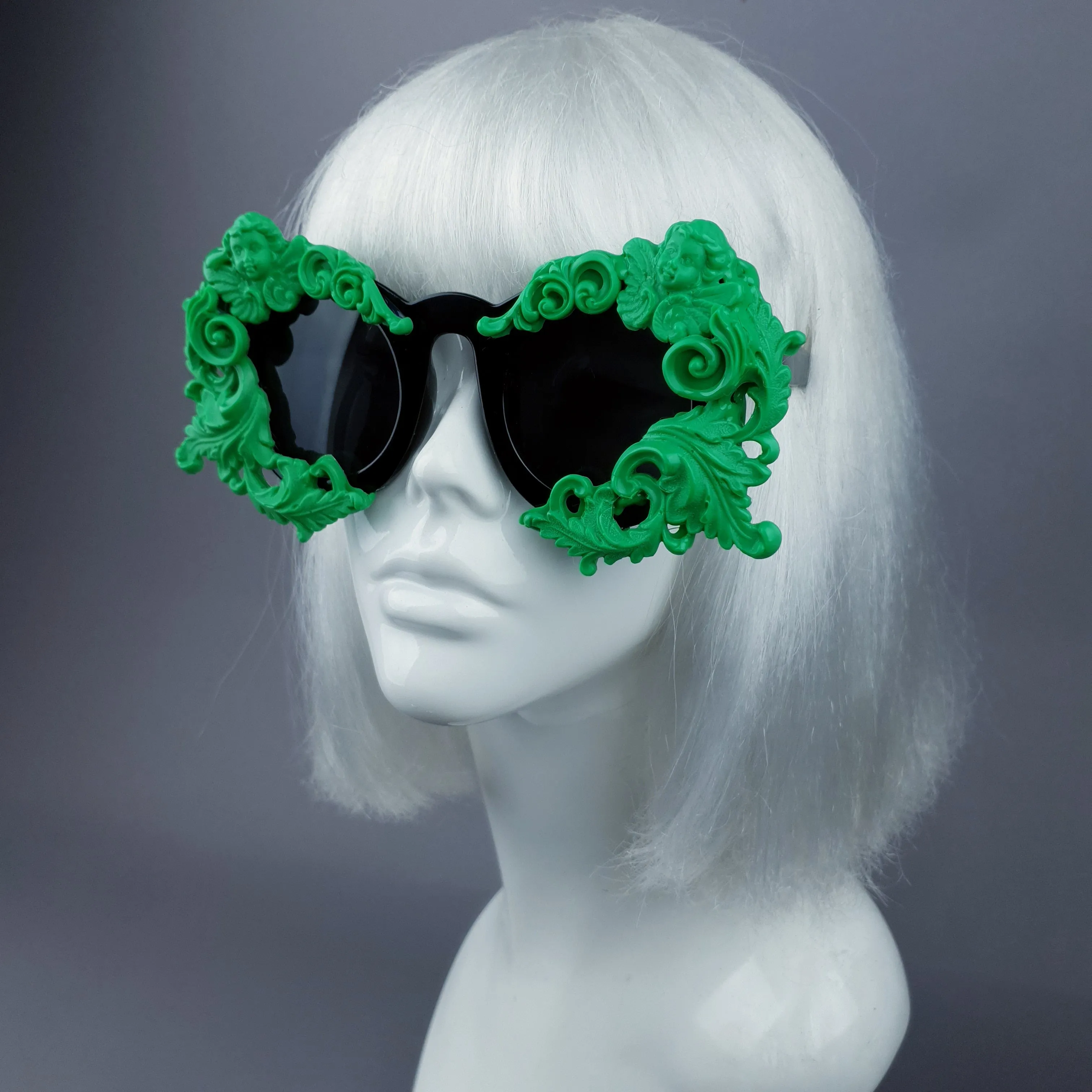 "Venus" Black & Green Filigree & Cherub Baroque Sunglasses