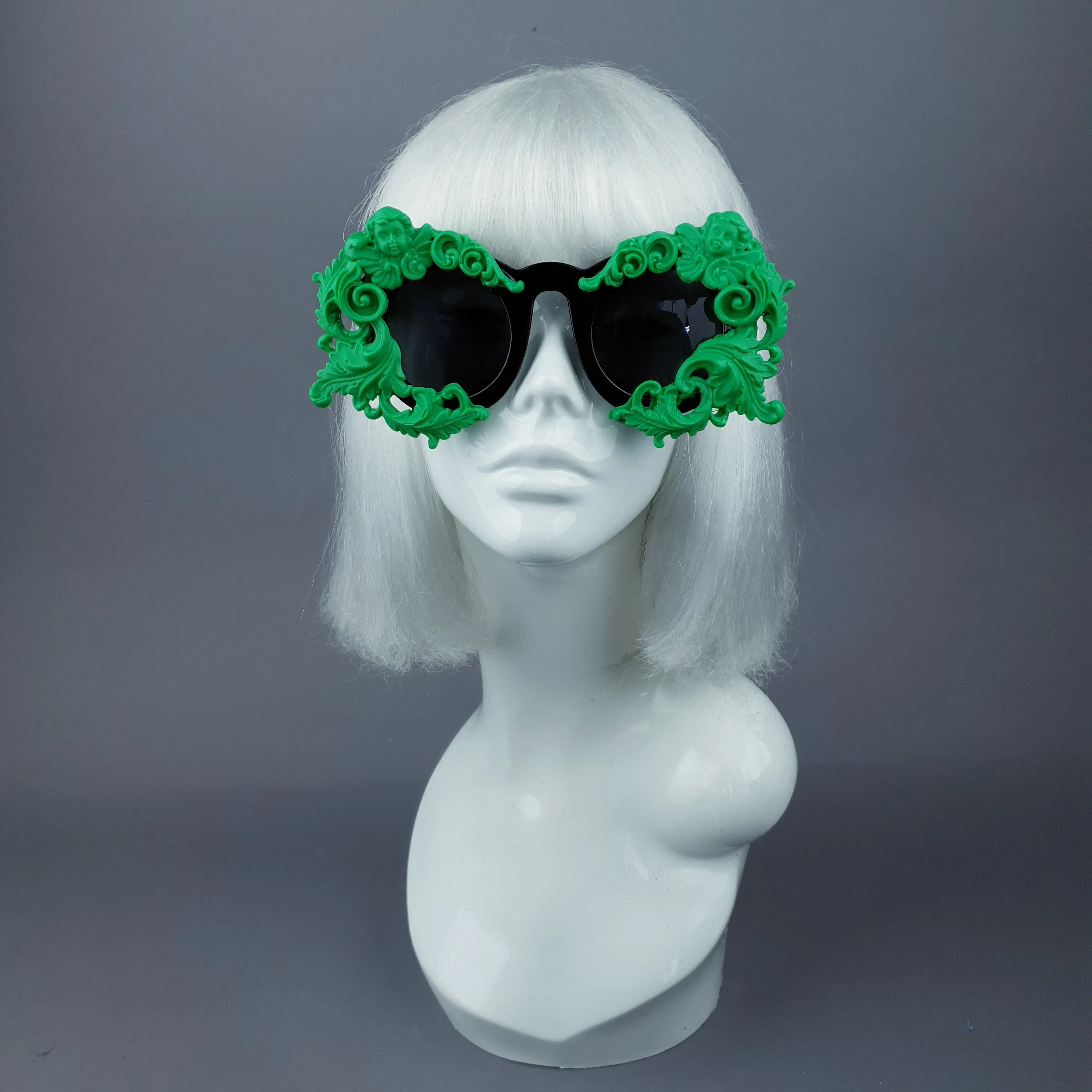 "Venus" Black & Green Filigree & Cherub Baroque Sunglasses