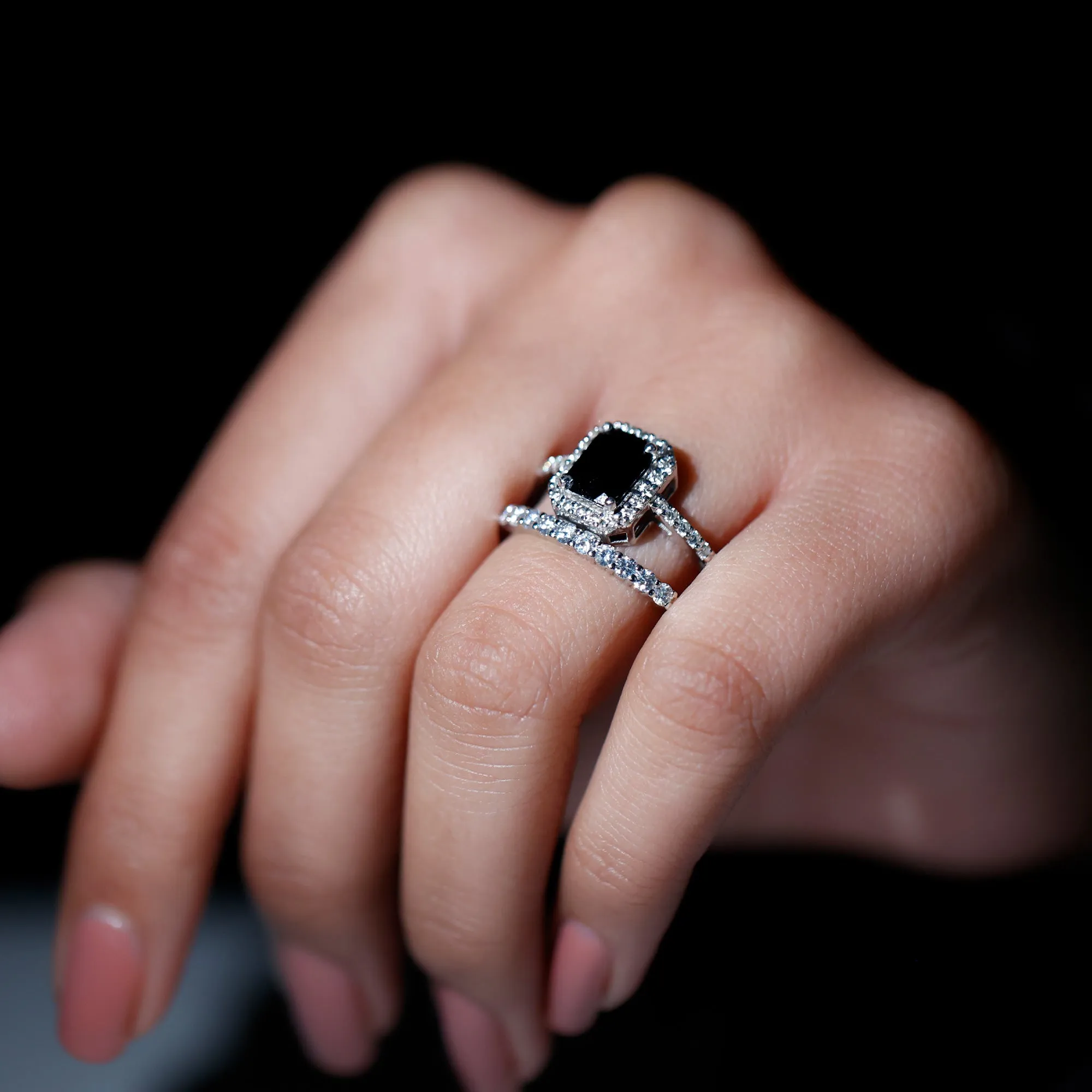 Real Black Onyx and Moissanite Stackable Ring Set