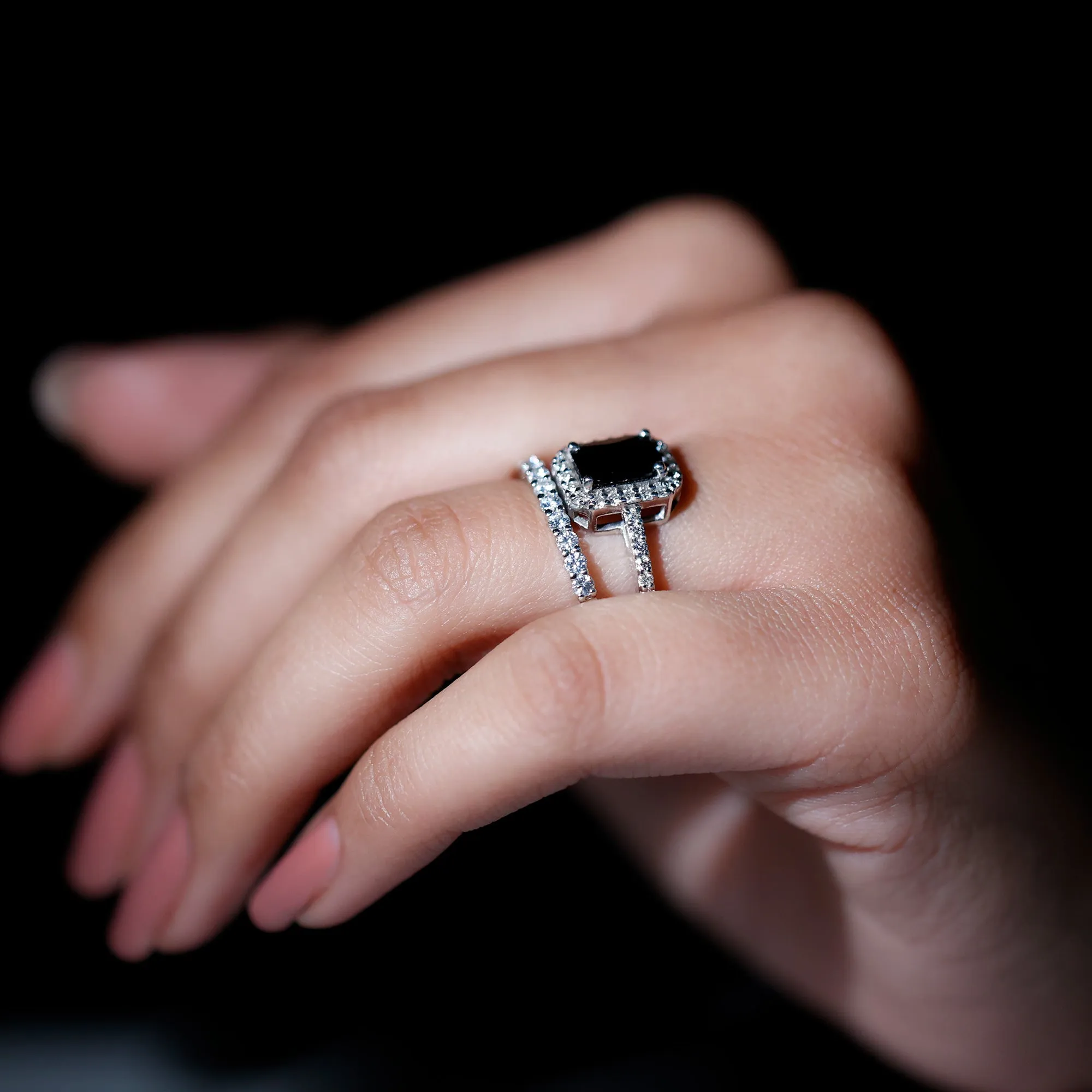 Real Black Onyx and Moissanite Stackable Ring Set