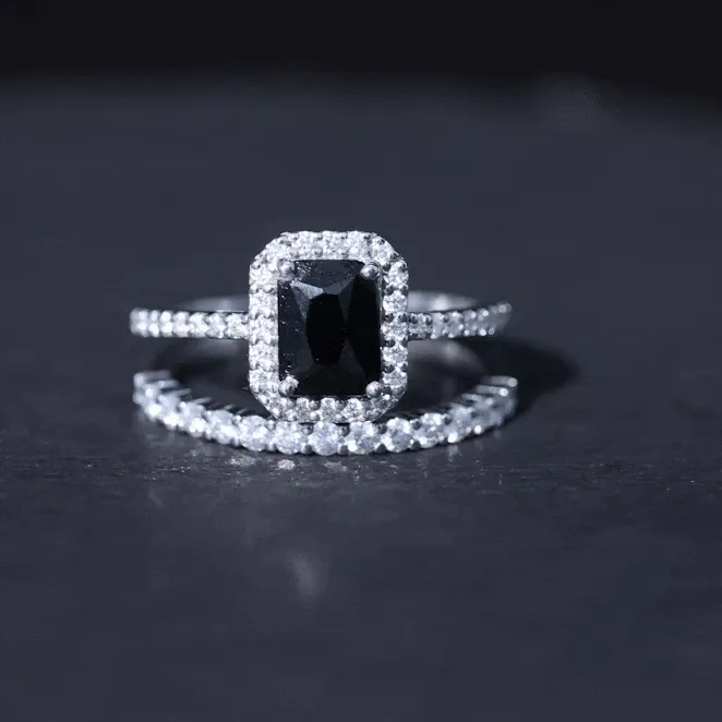 Real Black Onyx and Moissanite Stackable Ring Set