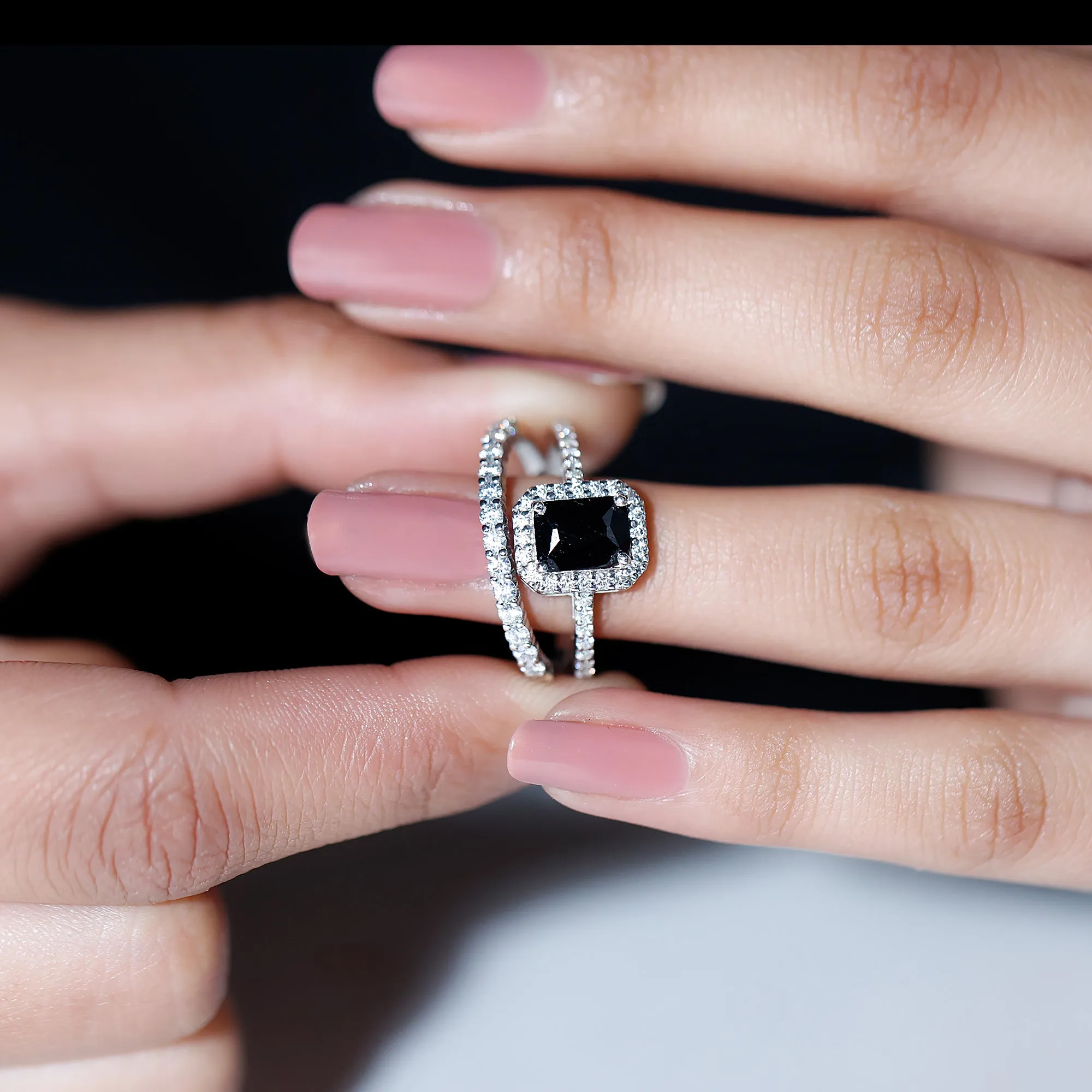 Real Black Onyx and Moissanite Stackable Ring Set