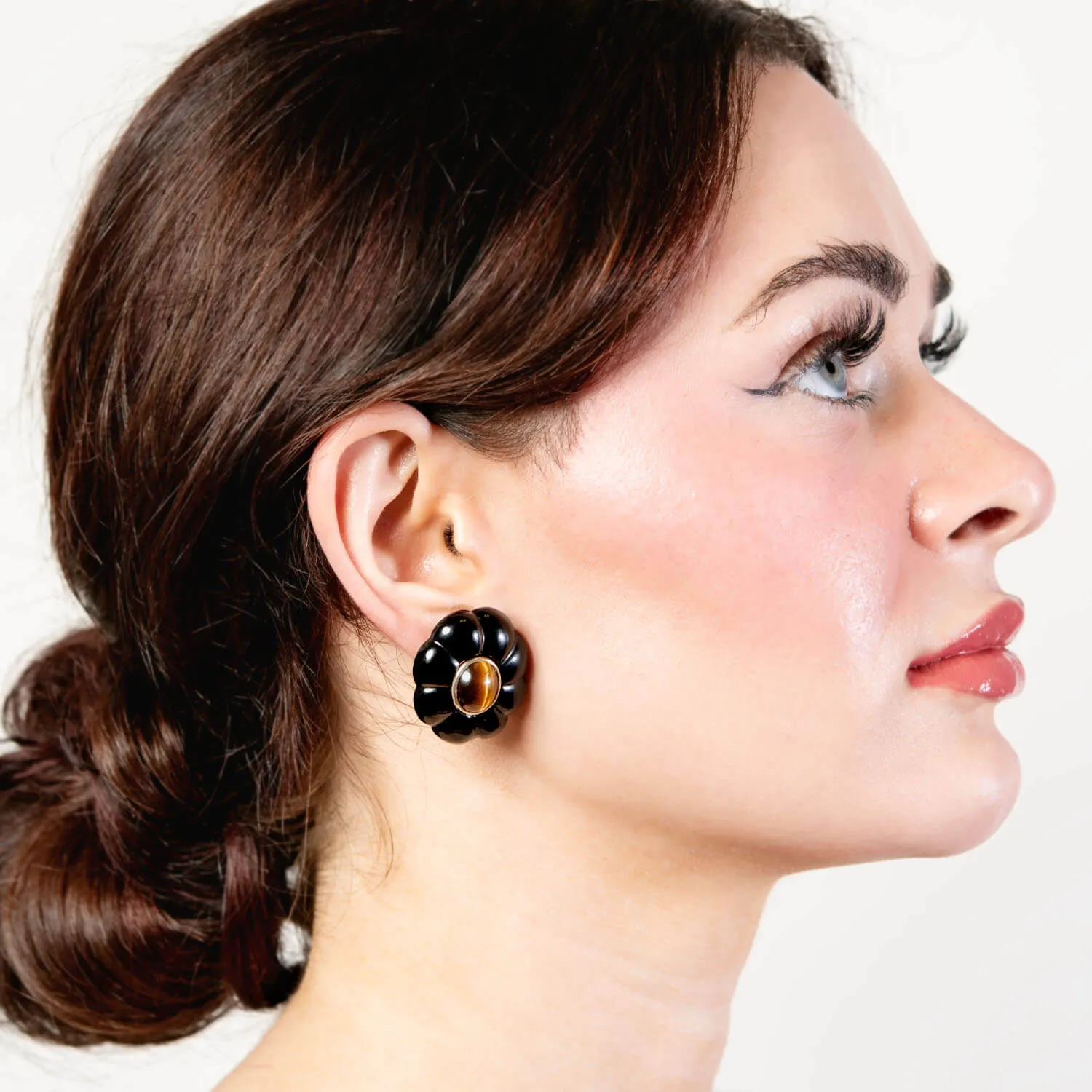 Retro 14k Onyx and Tiger's Eye Flower Earrings