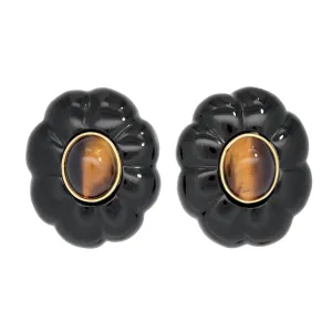 Retro 14k Onyx and Tiger's Eye Flower Earrings