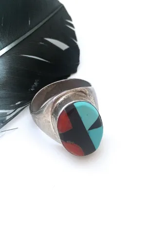 RING AROUND Vintage Turquoise, Jet & Coral Inlay Ring, Sz 11