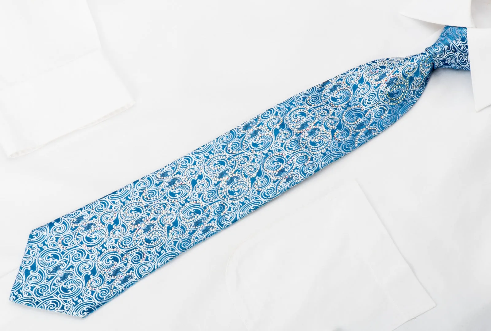 Roberta di Camerino Rhinestone Silk Necktie Silver Filigree On Blue