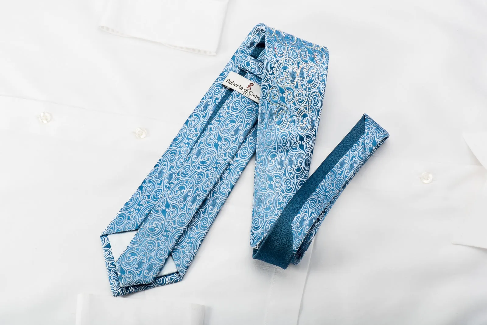 Roberta di Camerino Rhinestone Silk Necktie Silver Filigree On Blue