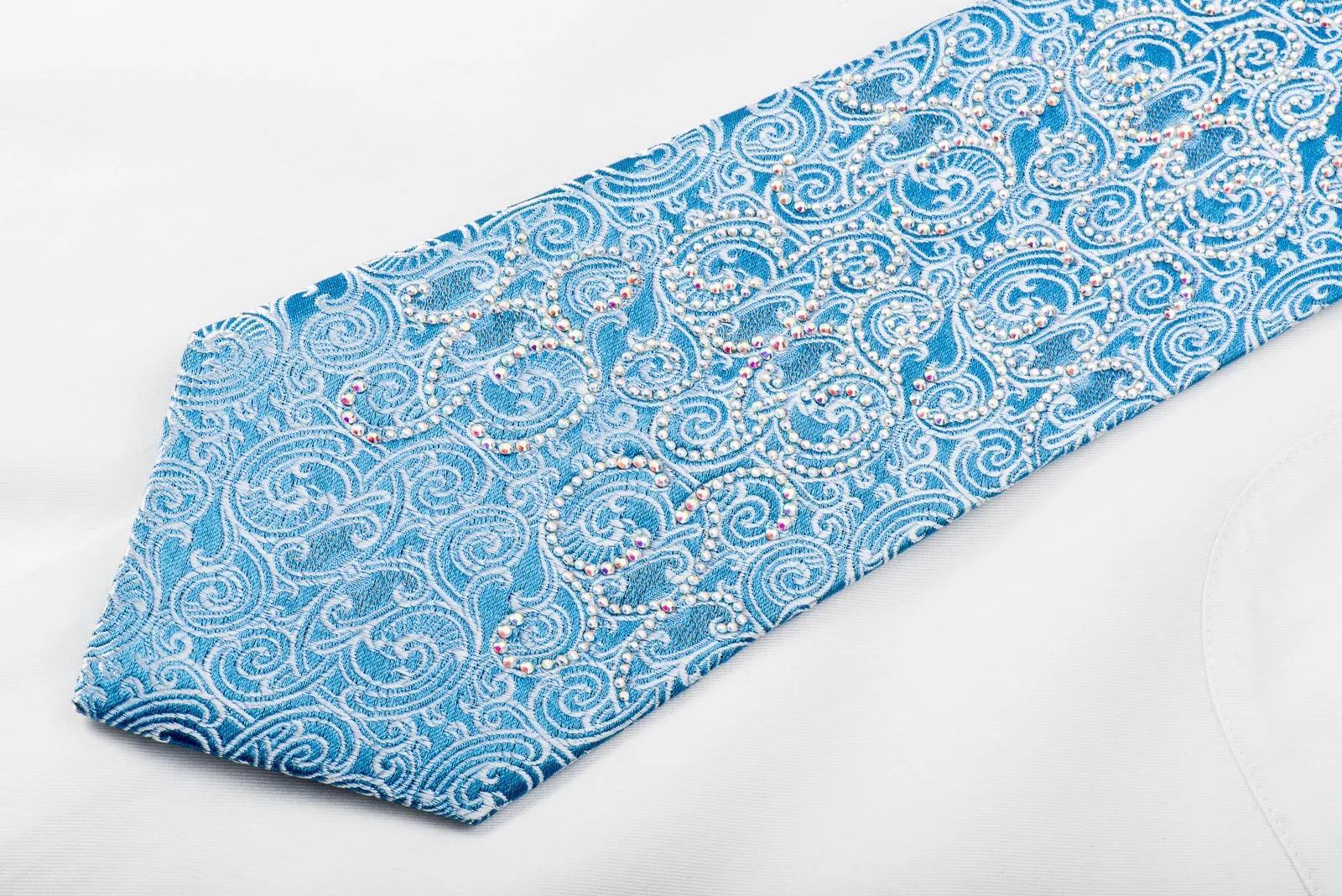 Roberta di Camerino Rhinestone Silk Necktie Silver Filigree On Blue