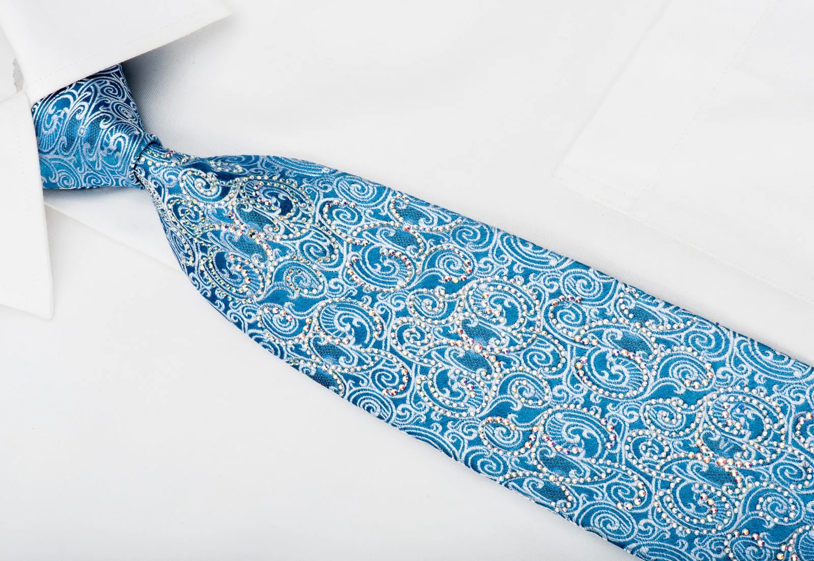 Roberta di Camerino Rhinestone Silk Necktie Silver Filigree On Blue