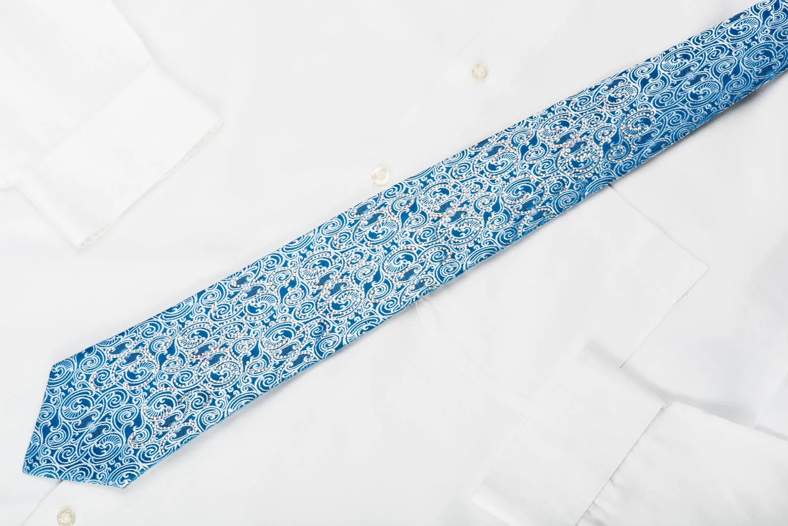 Roberta di Camerino Rhinestone Silk Necktie Silver Filigree On Blue