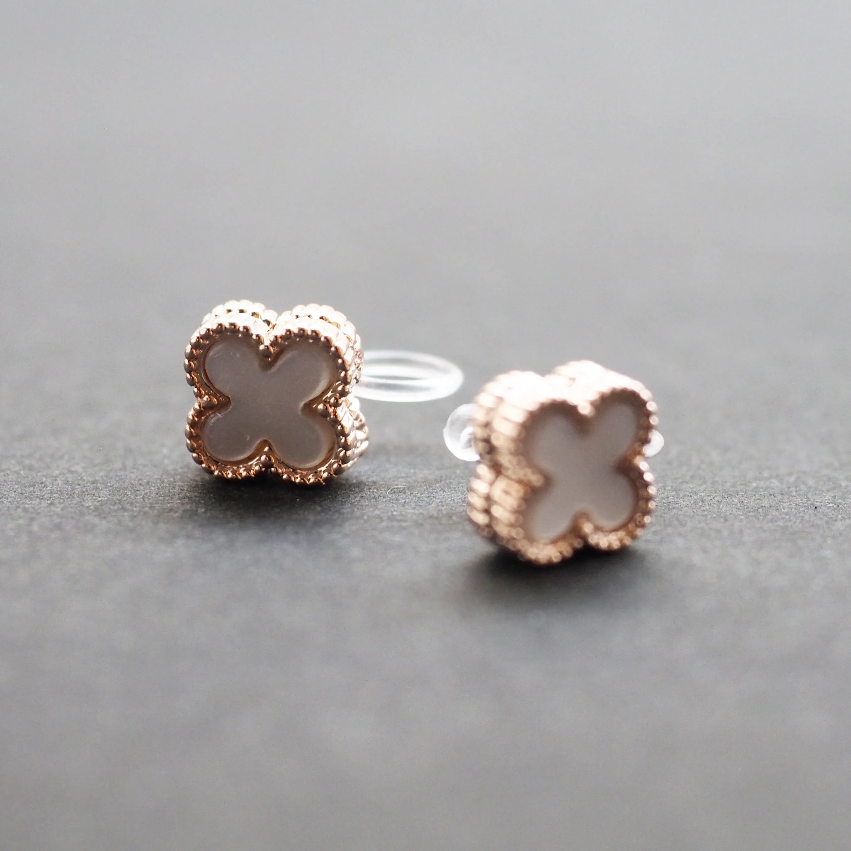 Rose Gold Clover Swarovski Crystal Rhinestone Pave Invisible Clip On Stud Earrings ( White )