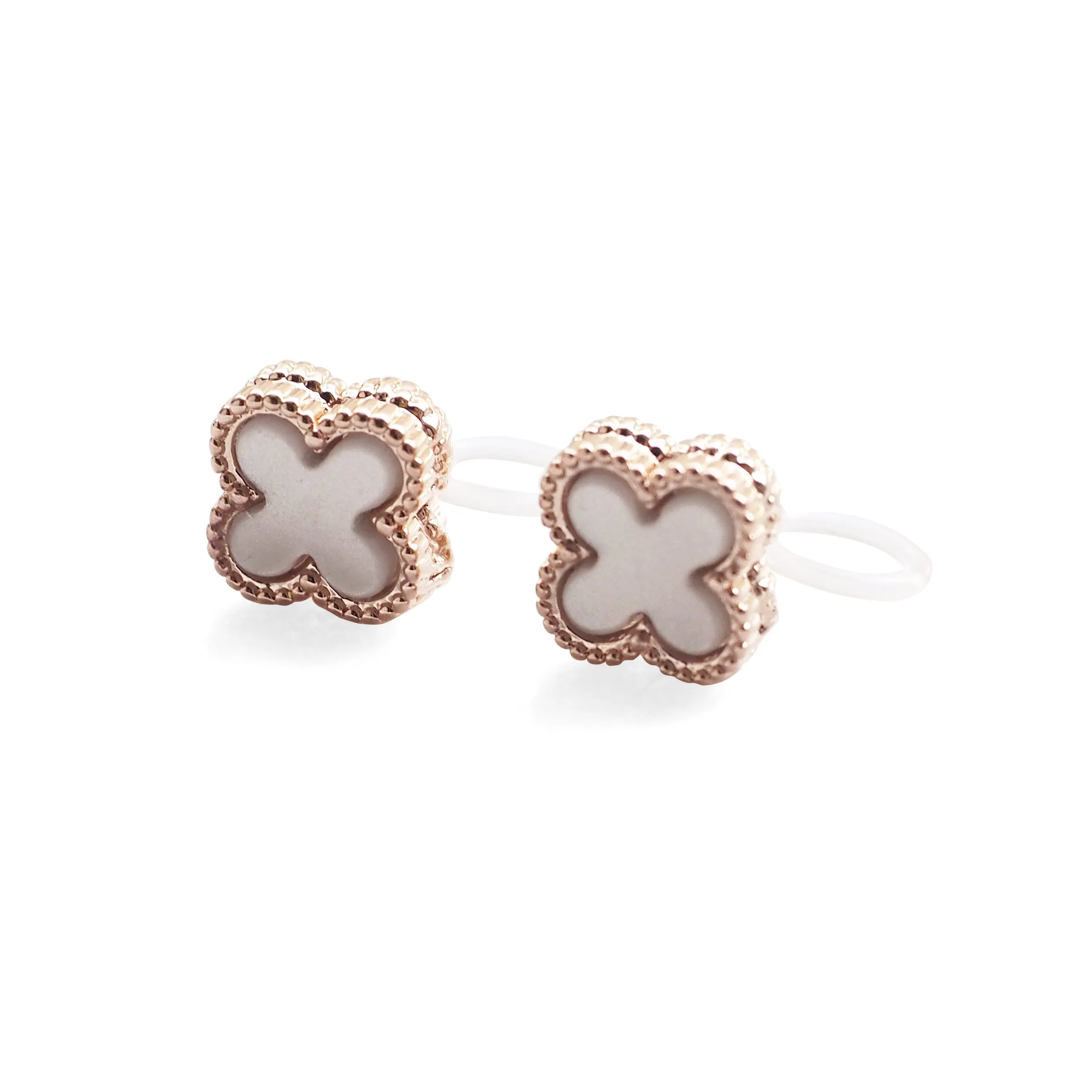 Rose Gold Clover Swarovski Crystal Rhinestone Pave Invisible Clip On Stud Earrings ( White )