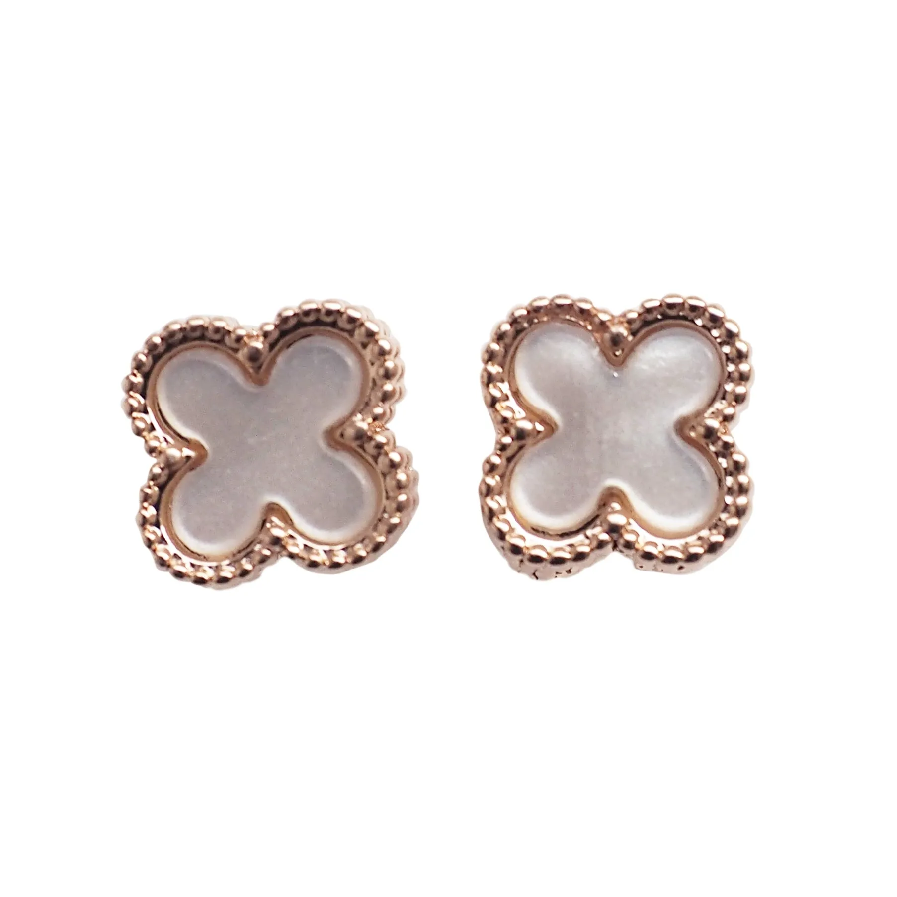 Rose Gold Clover Swarovski Crystal Rhinestone Pave Invisible Clip On Stud Earrings ( White )