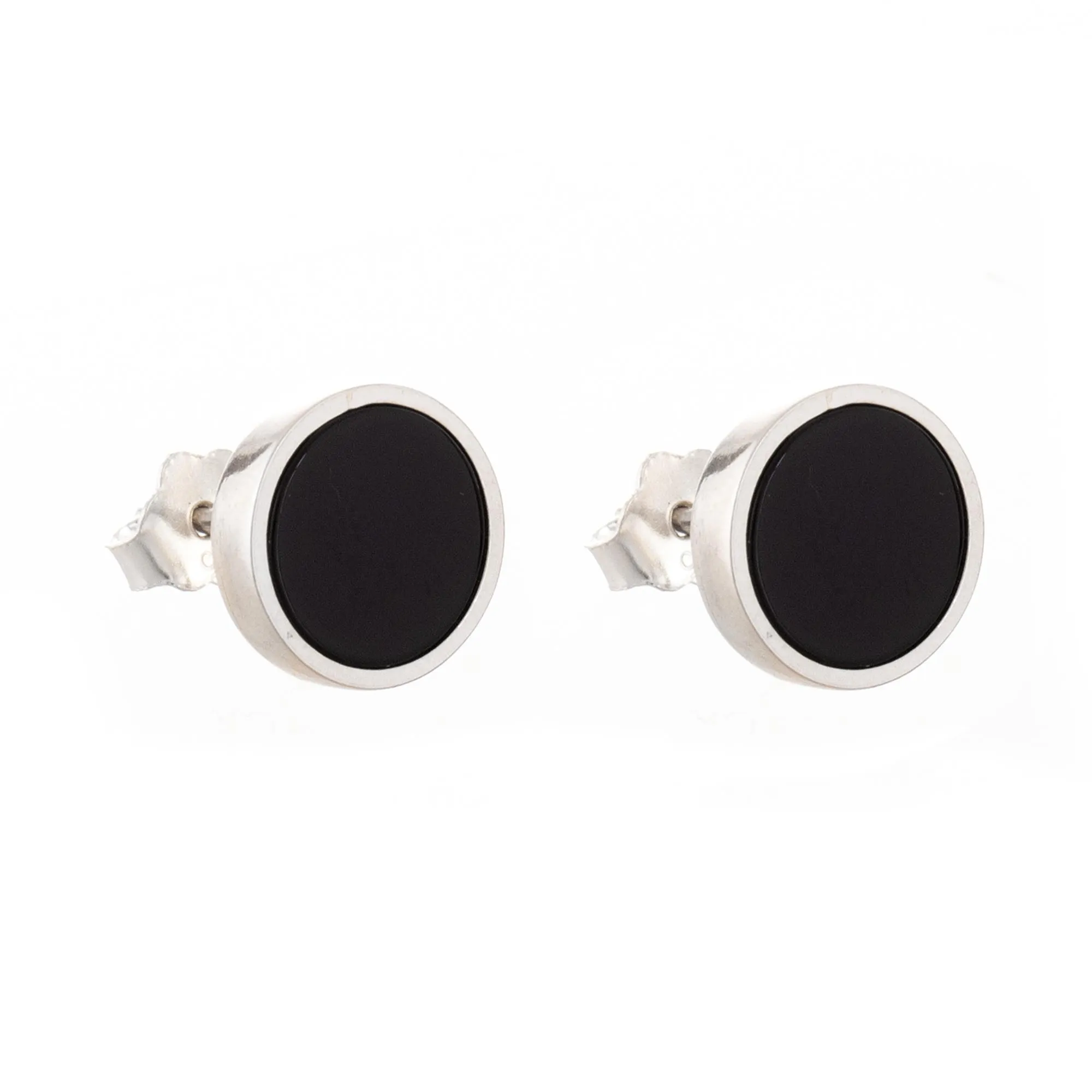 Round Black Onyx and Sterling Silver Stud Earrings - Midnight Soiree | NOVICA