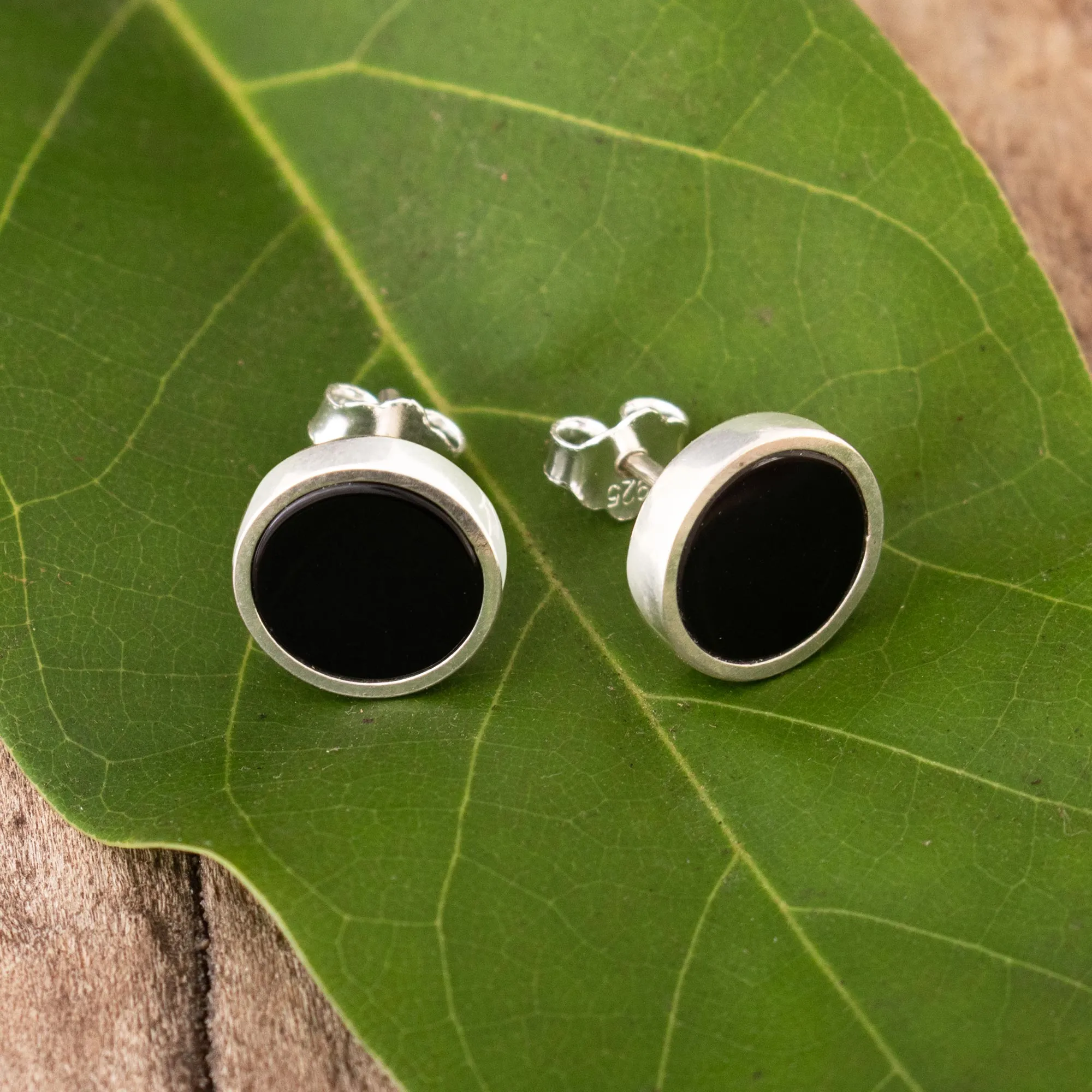 Round Black Onyx and Sterling Silver Stud Earrings - Midnight Soiree | NOVICA