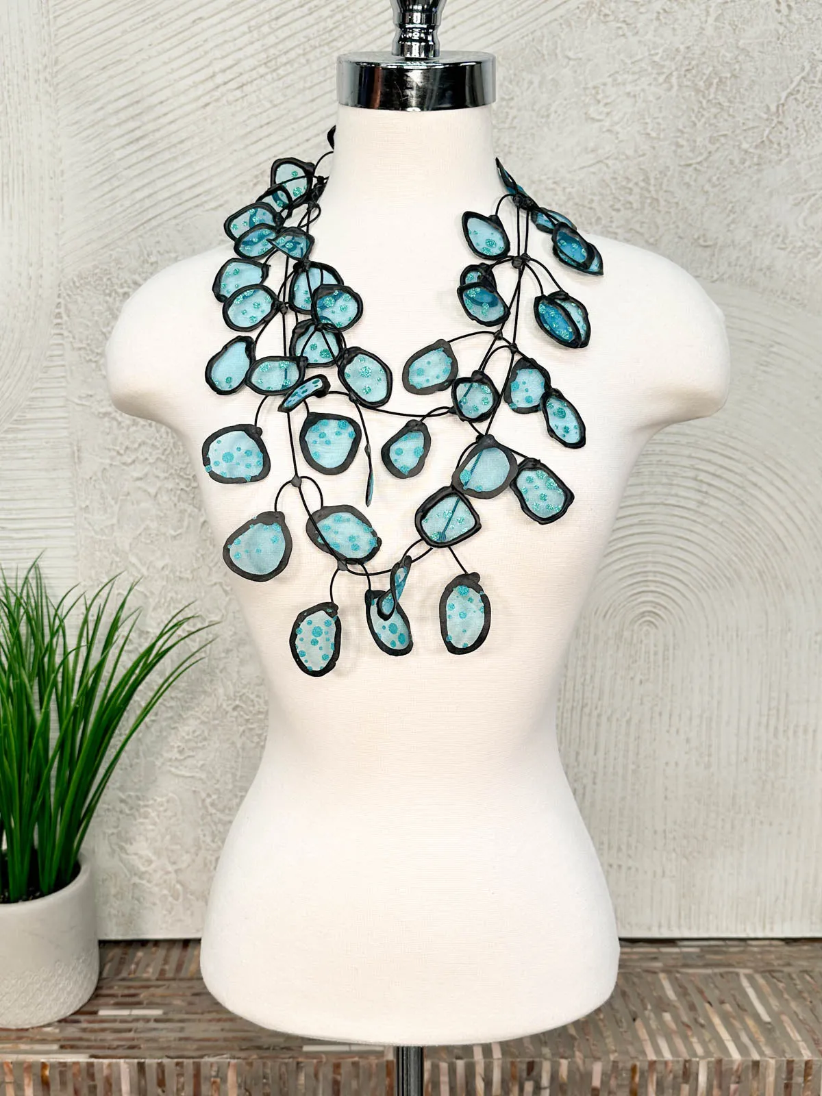 Sheer Fabric Necklace, Turquoise Glitter Dots