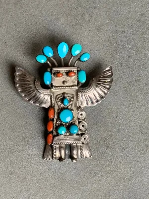 Sterling Turquoise Coral Thunderbird Pendant/Slide