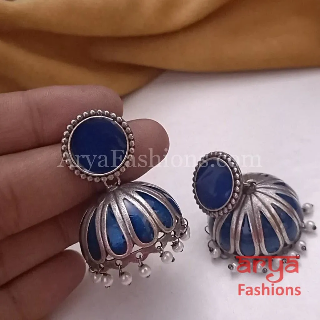 Tahmina Oxidized Silver Tribal Bold Jhumkas with Colorful Meenakari