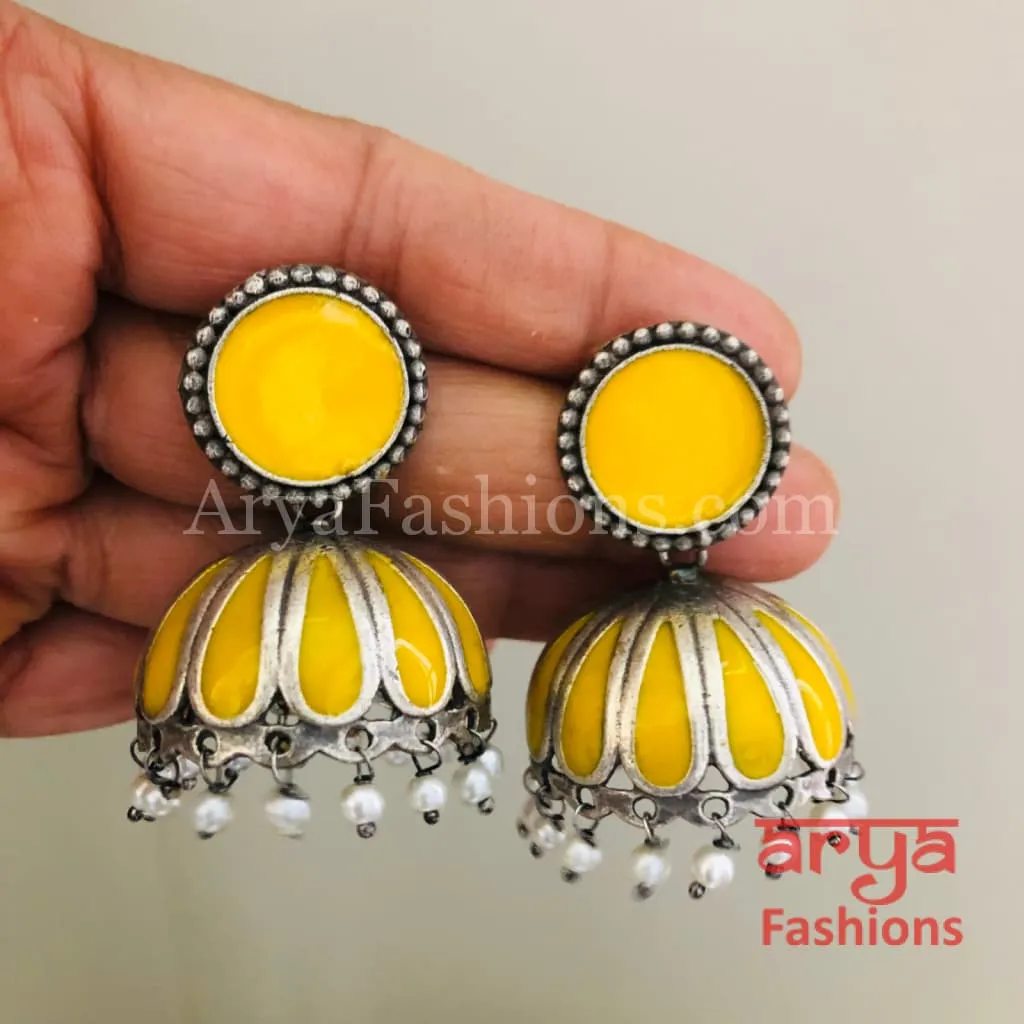 Tahmina Oxidized Silver Tribal Bold Jhumkas with Colorful Meenakari