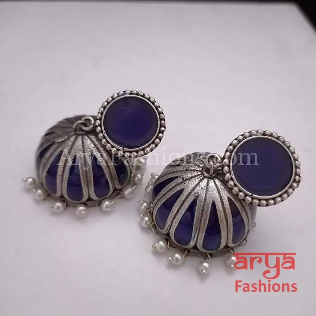 Tahmina Oxidized Silver Tribal Bold Jhumkas with Colorful Meenakari