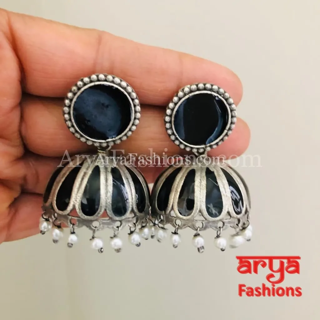 Tahmina Oxidized Silver Tribal Bold Jhumkas with Colorful Meenakari