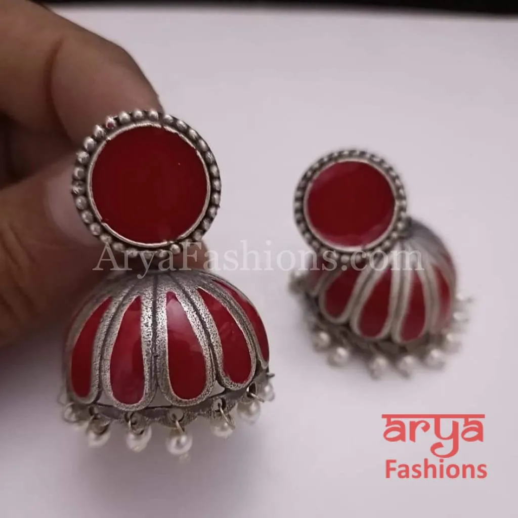 Tahmina Oxidized Silver Tribal Bold Jhumkas with Colorful Meenakari