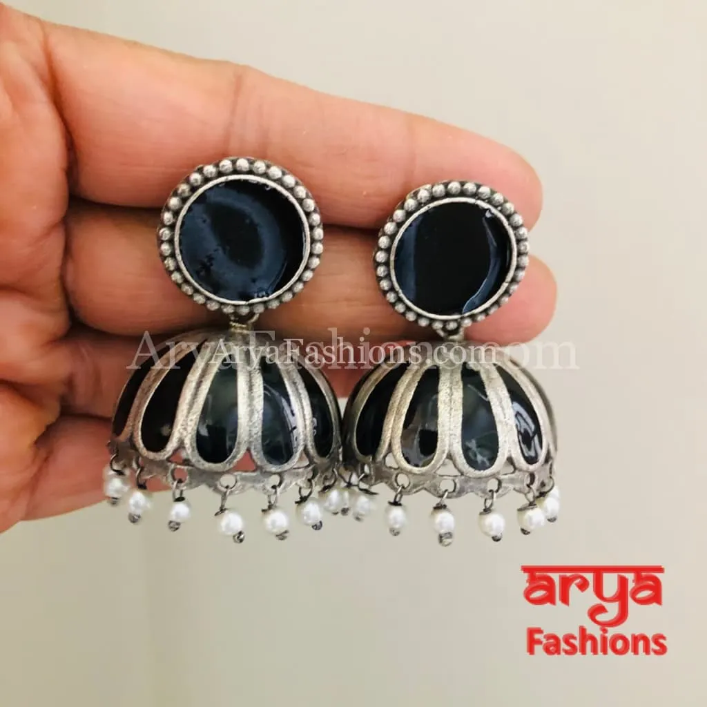 Tahmina Oxidized Silver Tribal Bold Jhumkas with Colorful Meenakari