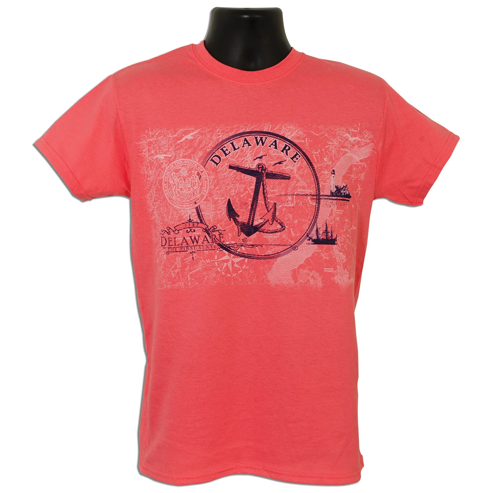 TSDE02C T-Shirt Delaware Map Anchor CORAL SILK