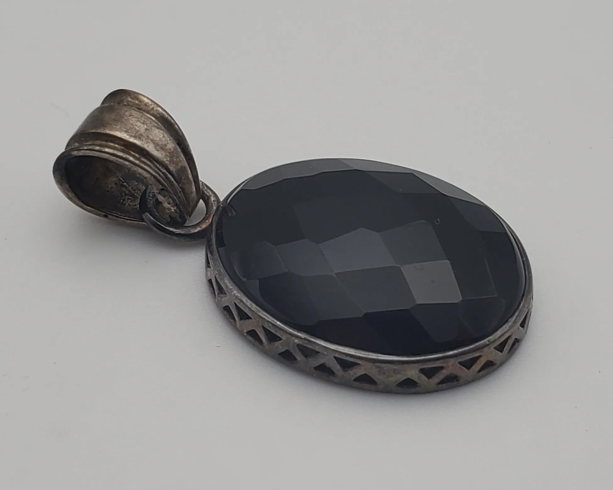 Vintage Checkerboard Facet Black Onyx Sterling Silver Pendant