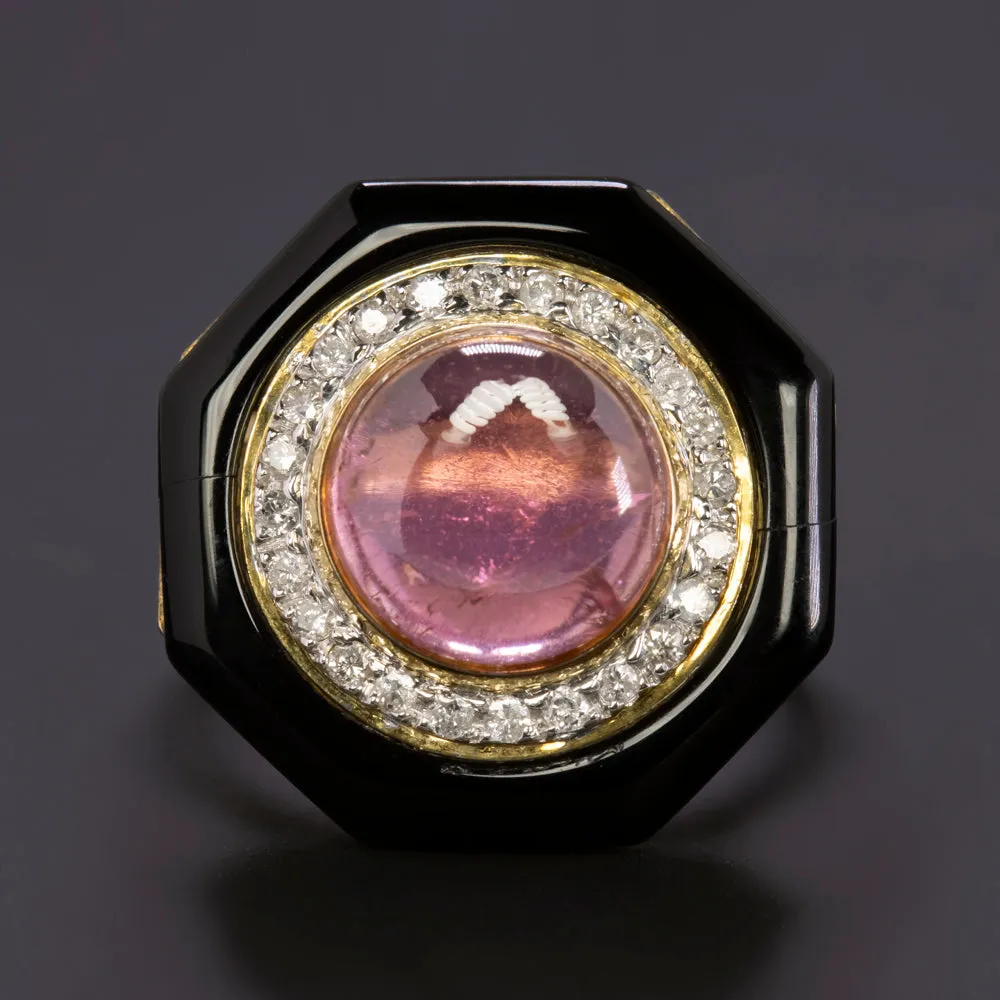 VINTAGE PINK TOURMALINE DIAMOND BLACK ONYX COCKTAIL RING 14k YELLOW GOLD OCTAGON