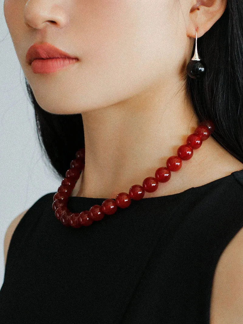 Vintage Red  Agate 12mm Round Beaded Necklace